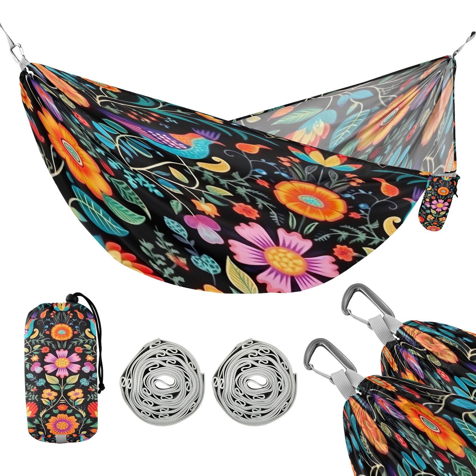 ATTX Brightly Colored Birds Camping Hammock - Lightweight & Portable Hammocks, Heavy Duty 330lbs Capacity for Indoor, Hiking, Backpacking, Travel, Backyard, Beach#260