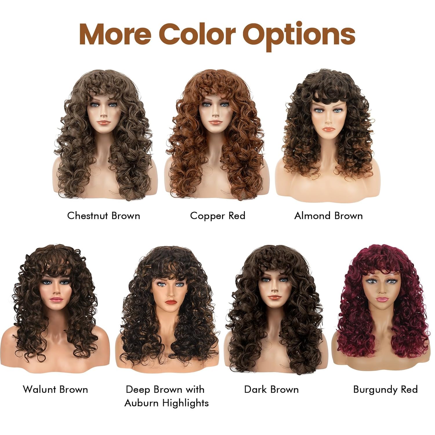 Flufymooz Curly Wig with Bangs for Black Women, 20 Inch Walnut Brown Curly Gorgeous Shag Hair Wig, Kinky Curls with Wispy Bangs Synthetic Wig for Women Party Cosplay - Image 7