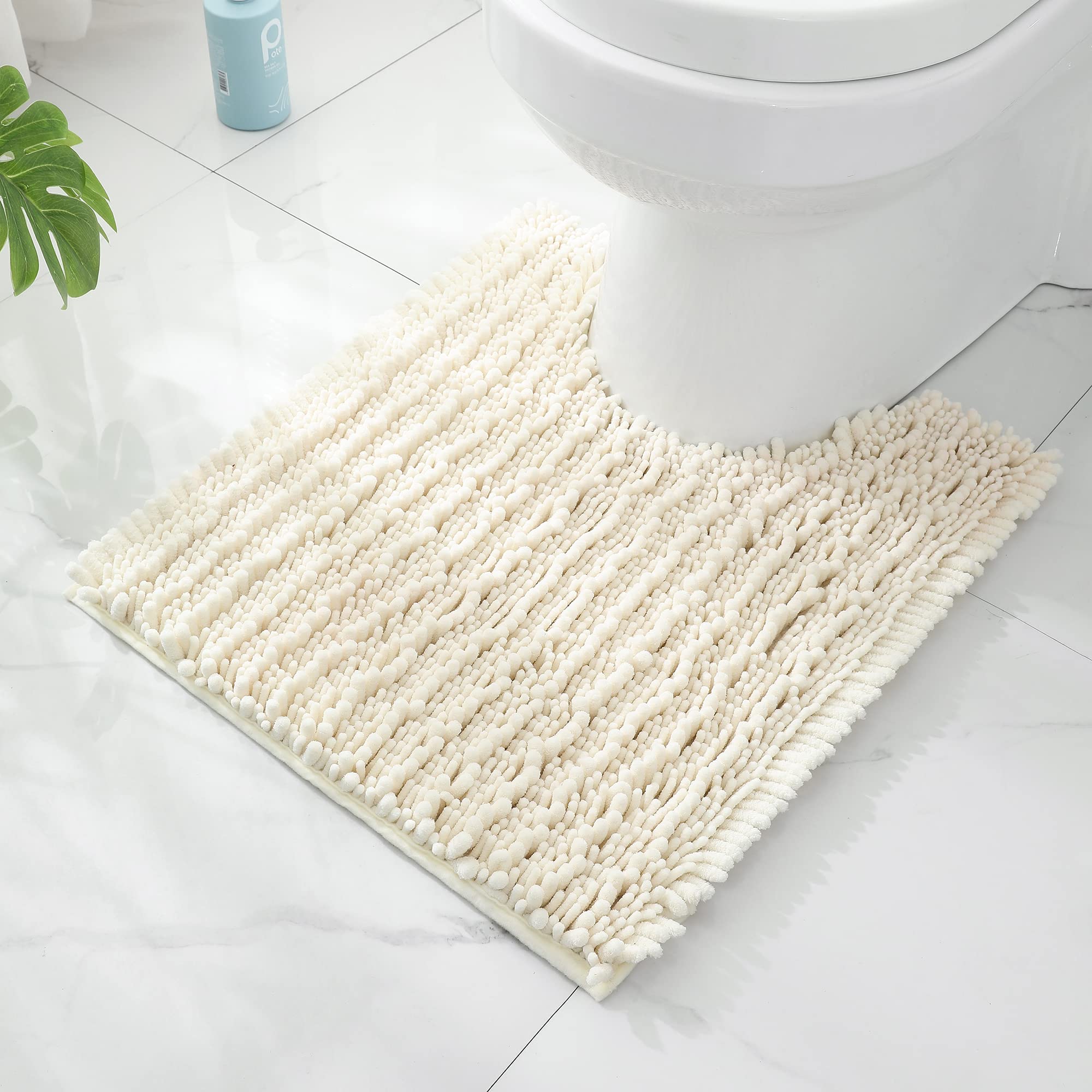 FLOLEOPA Luxury Shaggy Toilet Bath Mat U-Shaped Contour Rugs for Bathroom, Soft Comfortable Toilet Floor Mat, 24 X 20 Inches, Super Absorbent Water, Non-Slip, Machine-Washable, Cream