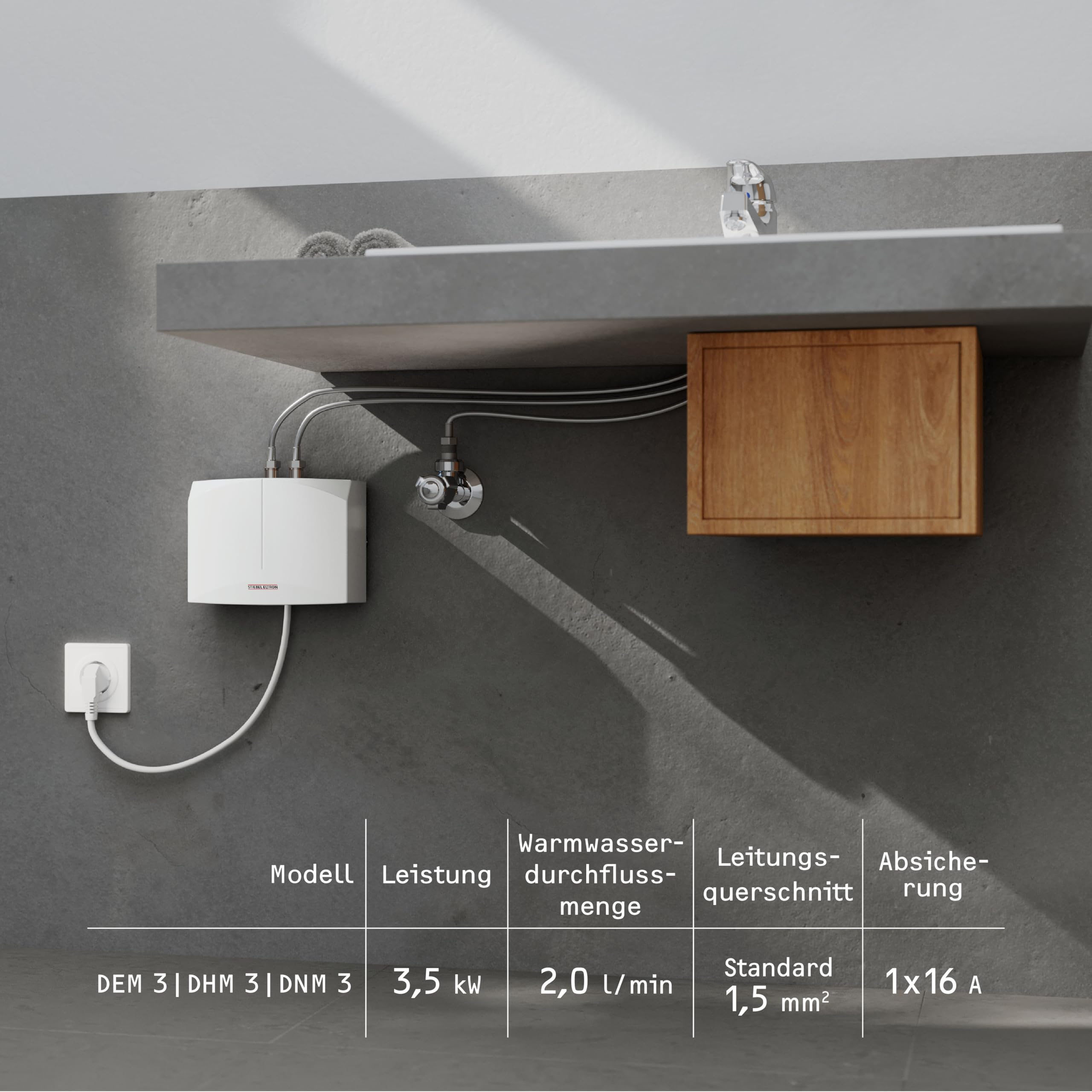 STIEBEL ELTRON hydraulischer Mini-Durchlauferhitzer DHM 3 nur fürs Handwaschbecken, 3,5 kW, mit Stecker, druckfest + drucklos, VDE geprüft, 220813