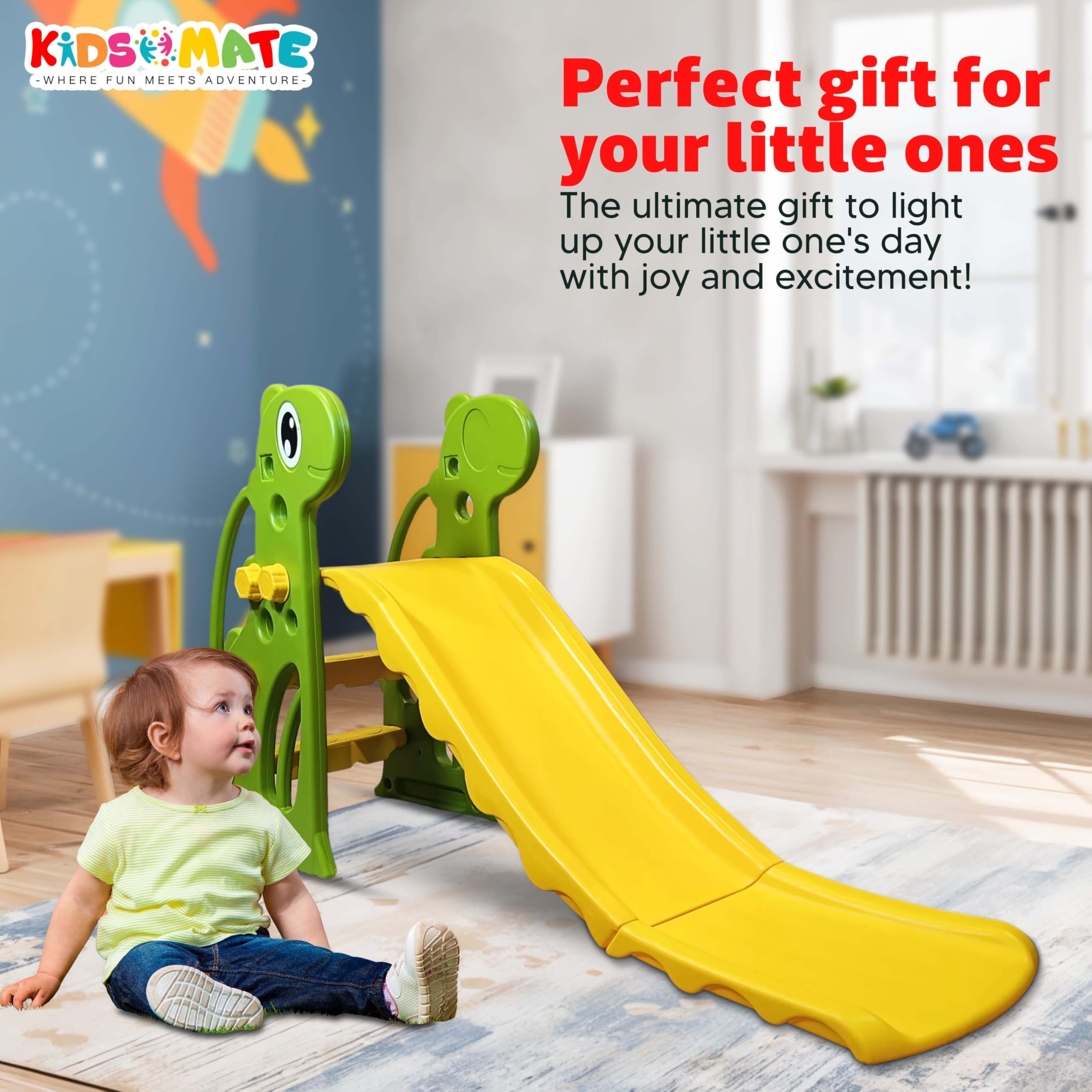 Kidsmate Indoor & Outdoor Fun Slide for Kids | Safe, Durable PE Plastic with Rounded Corners | Quick Assembly Baby Slider Perfect for Kids 2-4 Years | Supports Up to 30 kg - Yellow/Green 2