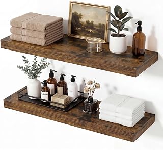 Vivelove 8 Inch Deep Floating Shelves, 24 x 8 Inch，Rustic Brown, Set of 2 | Invisible Brackets, Easy Mount Shelf with Hardware Kit, Engineered Wood, for Bathroom Bedroom Living Room Kitchen