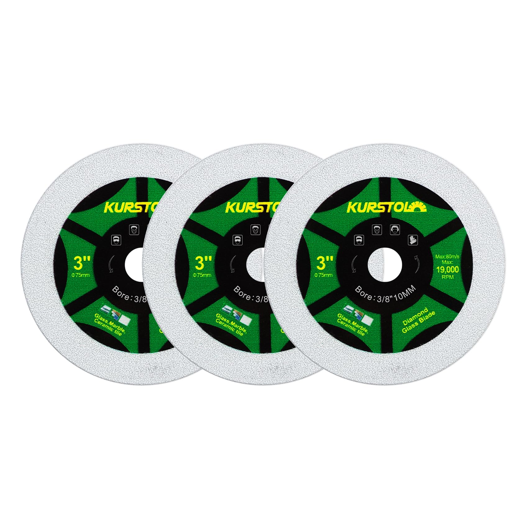 KURSTOL Diamond Glass Cutting Disc - 3pcs 3 Inch(75mm) Ultra-Thin Saw Blade for Mini Angle Grinder with Arbor 3/8 Inch(10mm) for Glass, Jade, Crystal,