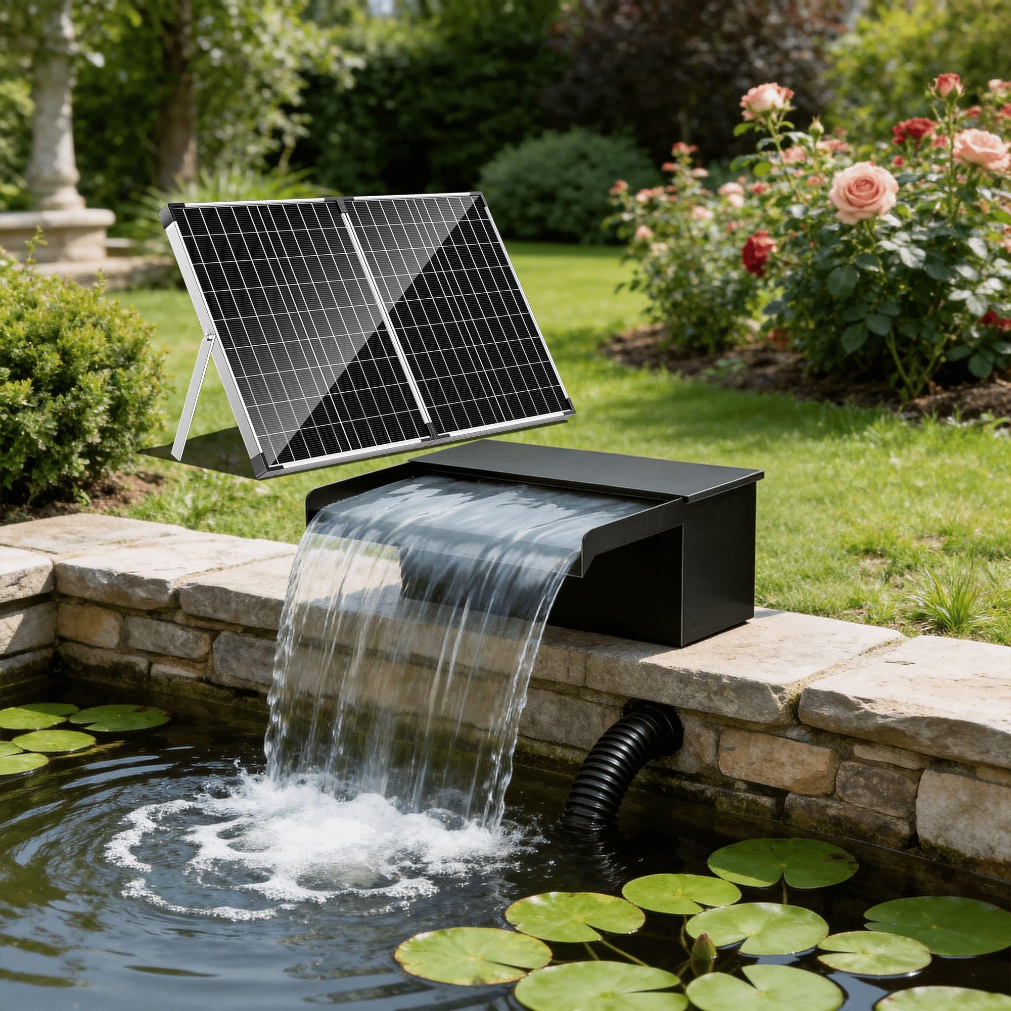 Biling 70W Set completo di cascata solare in acciaio inox con pompa e filtro 2500L/H lama a cascata da 32 cm per laghetto da giardino, laghetto per pesci rossi, laghetto per pesci ornamentali, giochi