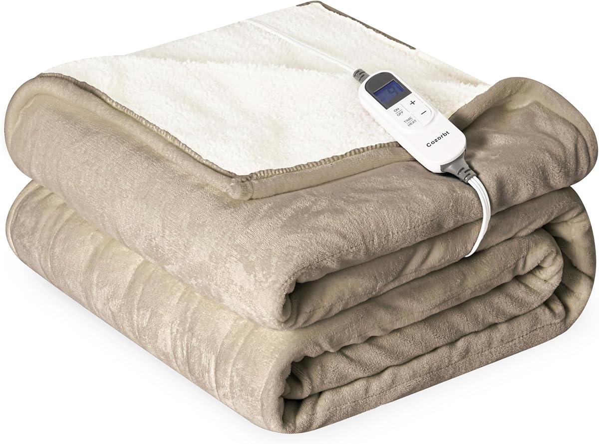 Cozorbt Heat Blanket 50”x60” Throw,Soft Flannel & Sherpa Reversible Electric Blanket with 10 Heat Settings,12 Timer Setting and 3 Hours Auto-Shut Off,ETL Certified Machine Washable,Light Brown