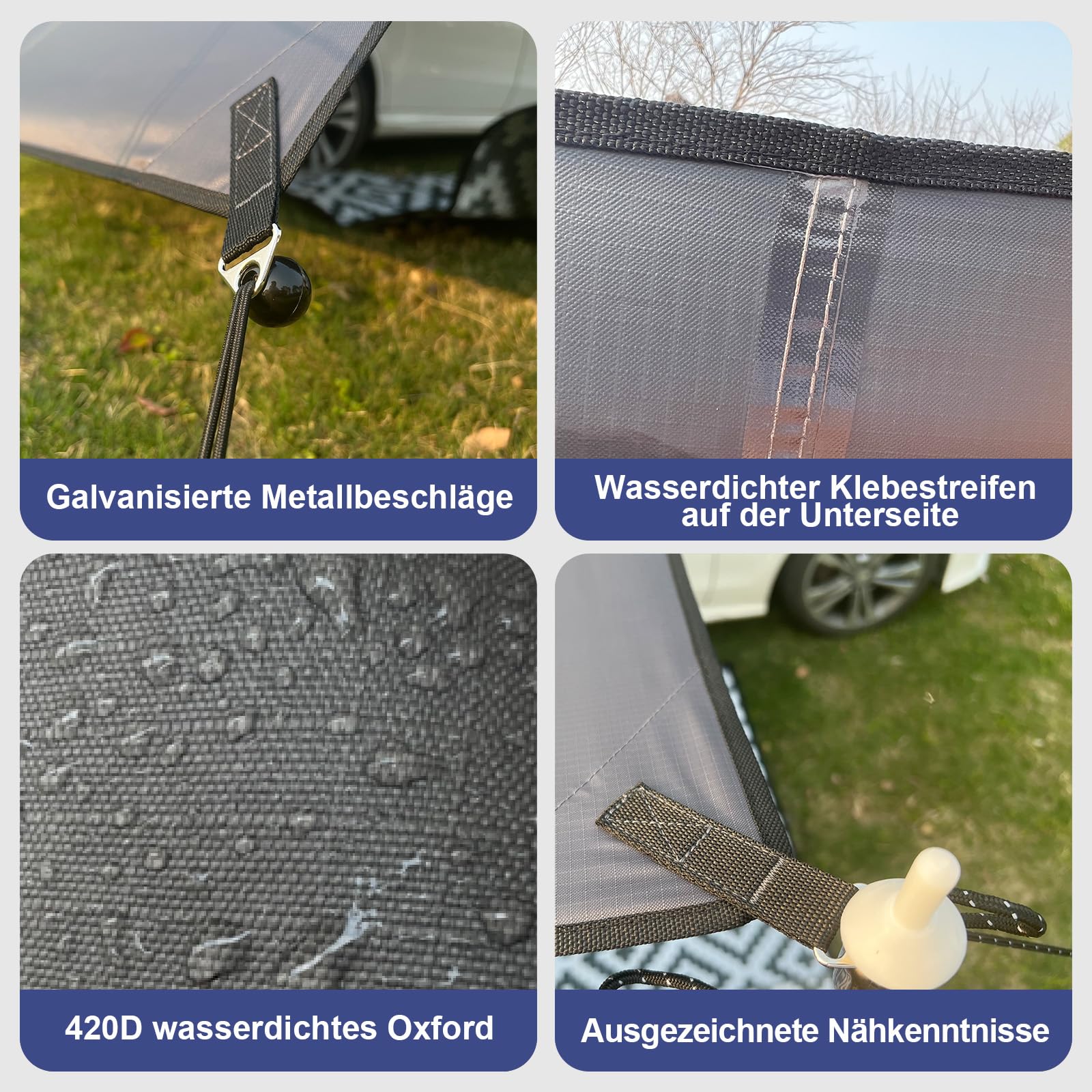 SHADPLUS Auto Markise,Sonnensegel Auto mit Seitenwänden,Sonnensegel Mit Keder,2 Keder mit Ø 4.8& 6.8mm，Wasserdicht Auto Vorzelt geeignet für SUV, Van und Kleiner Wohnwagen, Keder oder Saugnapf Montage