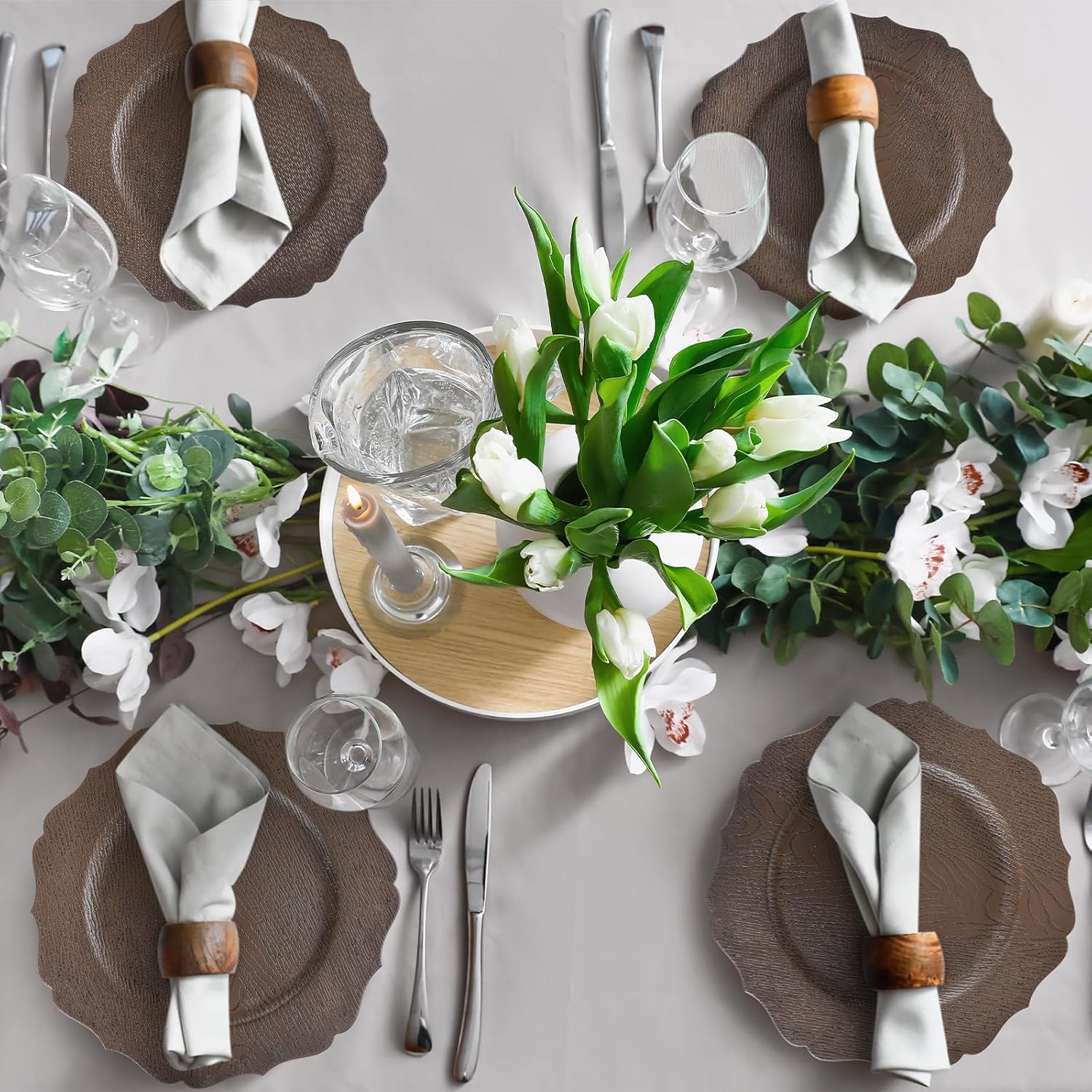 Mifoci 12 Pcs 13" Rustic Brown Wooden Textured Acrylic Chargers Plates with Scalloped Rim Round Faux Wood Chargers for Dinner Plates for Fall Thanksgiving Day Wedding Party Table Decor