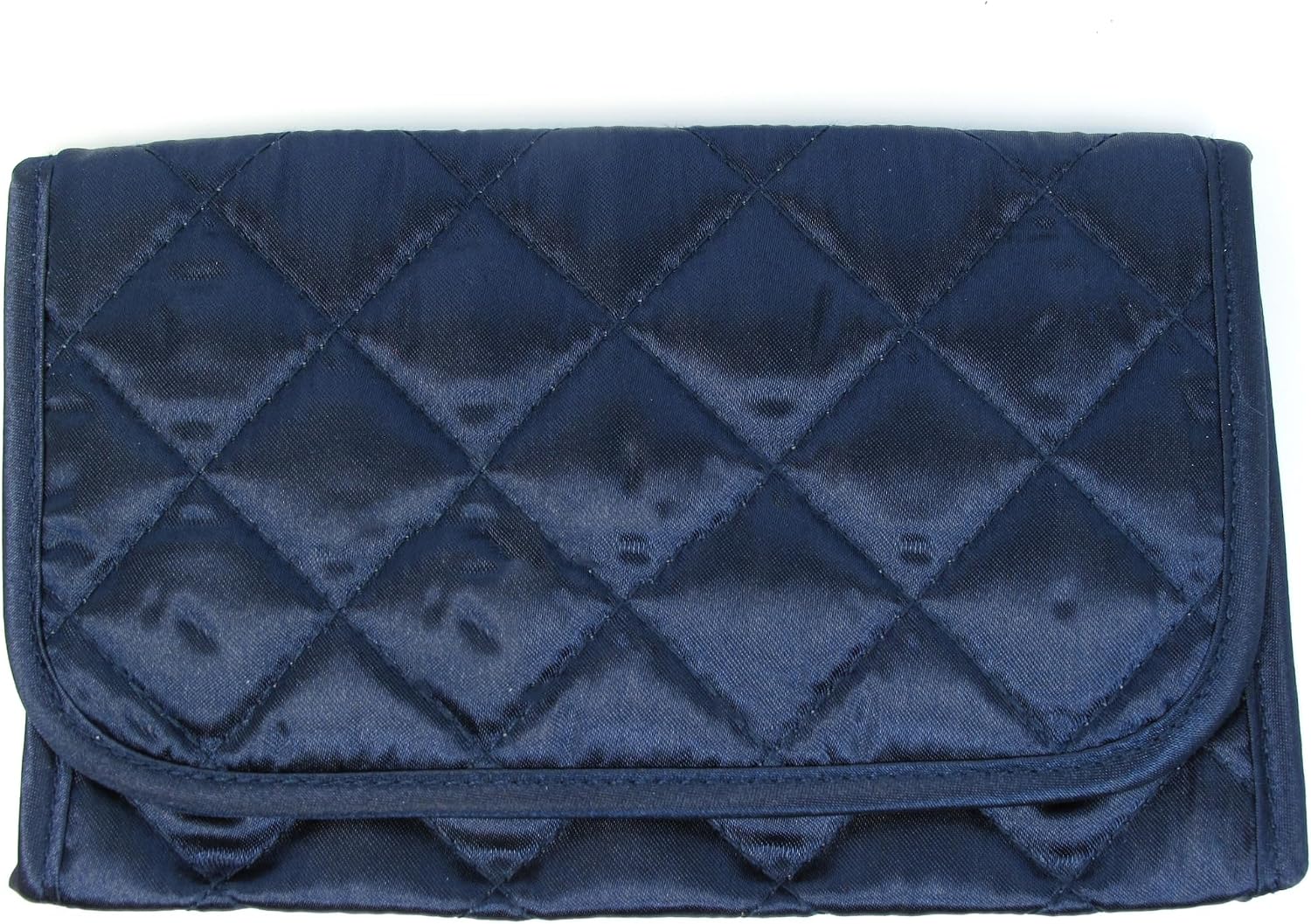 Marisa D'Amico Travel Makeup Bag with Mirror, Quilted Satin Blue Cosmetic Purse Size Clutch