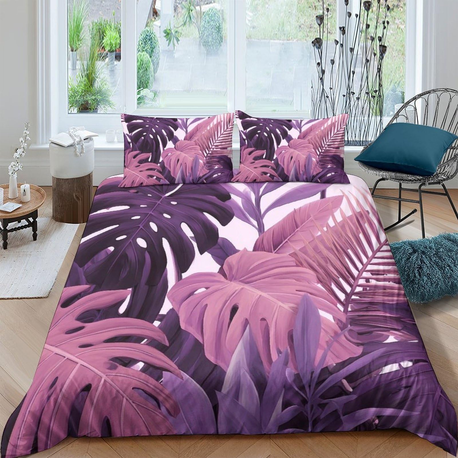 Ctjqhvkz Style-8 3D Printed Purple Tropical Leaf Fitted Sheet Microfiber Soft Decor Mattress Cover For Bedroom Guest Room Dorm Single（135X200cm）