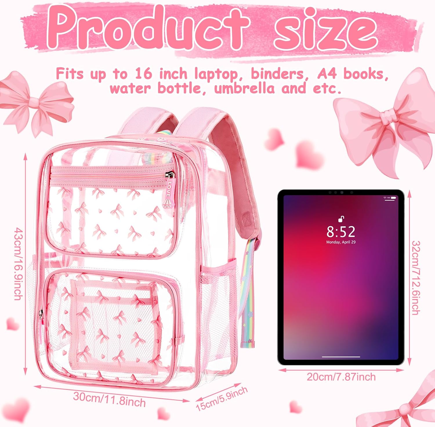 Pink Bow Clear Backpack Coquette Gift Women Preppy Cute Back Pack Stadium Approved See Through Backpack 16 H x 6 W x 12 L Heavy Duty PVC Waterproof Bag for Travel Work Concert Stadium Events