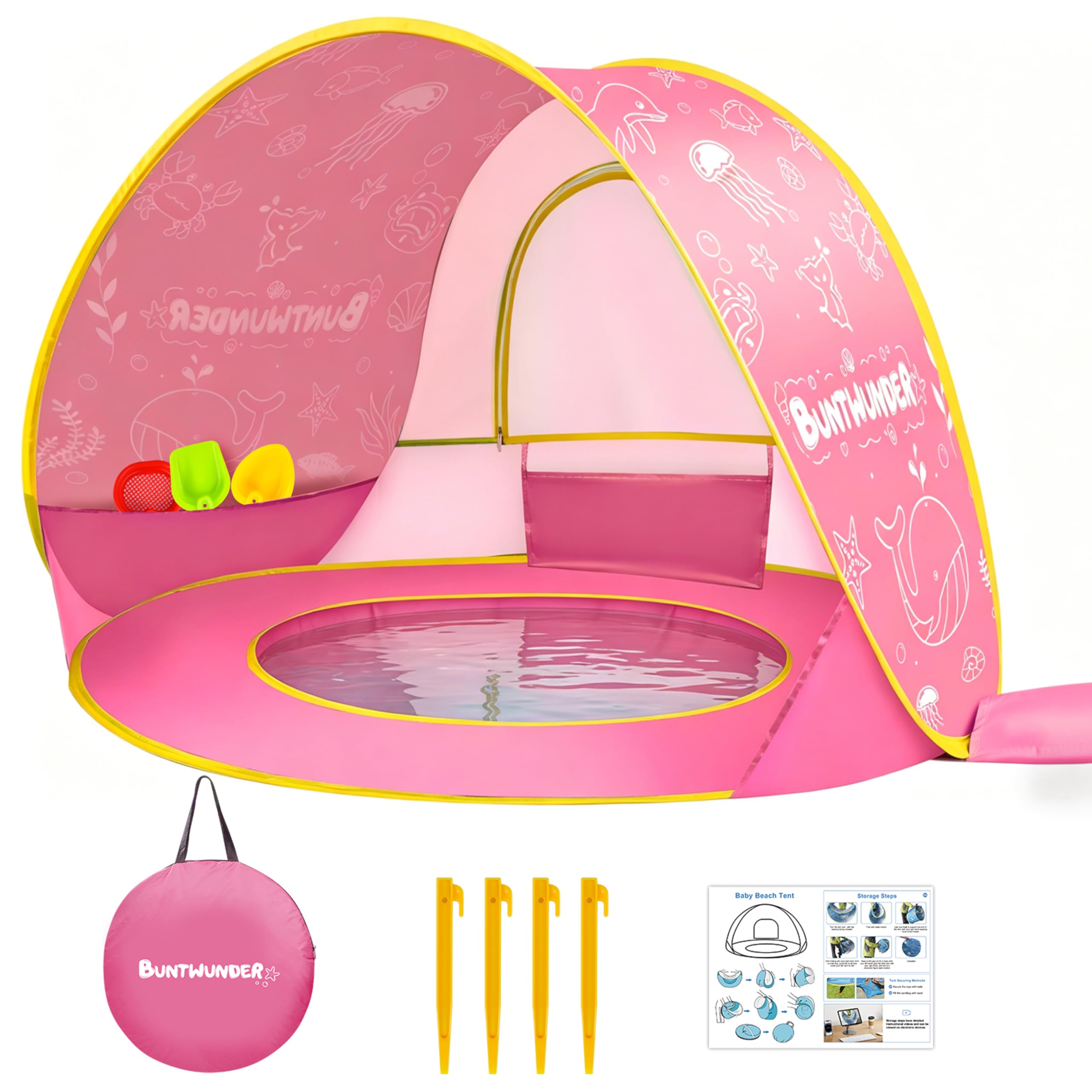 JONRRYIN Tienda Playa Bebé Pop Up, Tienda Refugio Infantil con Mini Piscina, Plegable Portátil Protección UV para Playa, Pícnic y Jardín (Rosa)