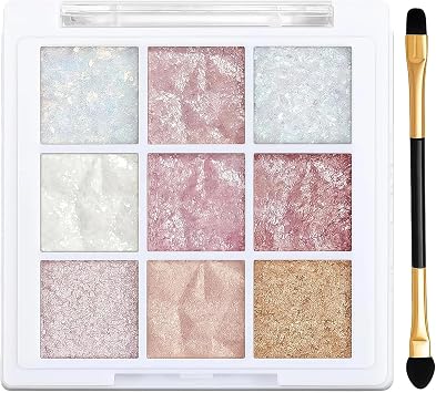 9-Color Glitter Eyeshadow Palette with Pink Eyeshadow   Sparkly Eyeshadows Shades, Creamy Texture, Waterproof, Highly Pigmented Makeup for Women, Includes Brush