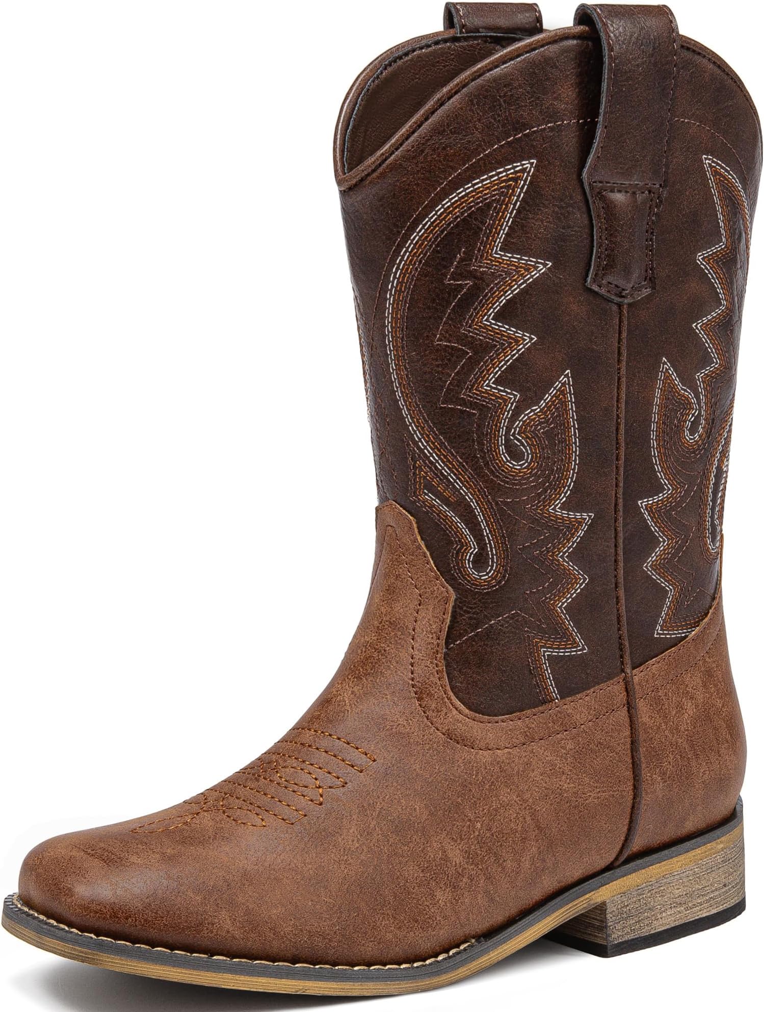 Boys Cowboy Boots Western Square Toe Boots, Pull-On Mid Calf Embroidered Boots for Toddler Little Big Kid