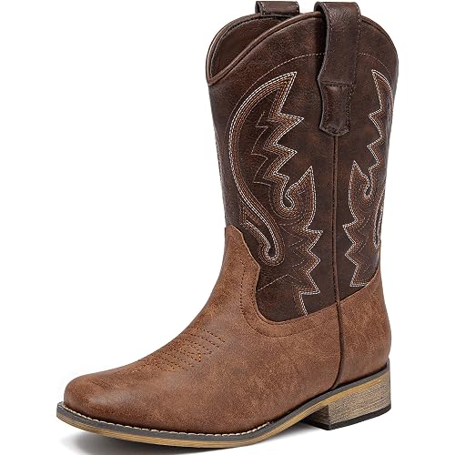 LAURMOSA Boys Cowboy Boots Western Square Toe Boots, Pull-On Mid Calf Embroidered Boots for Toddler Little Big Kid
