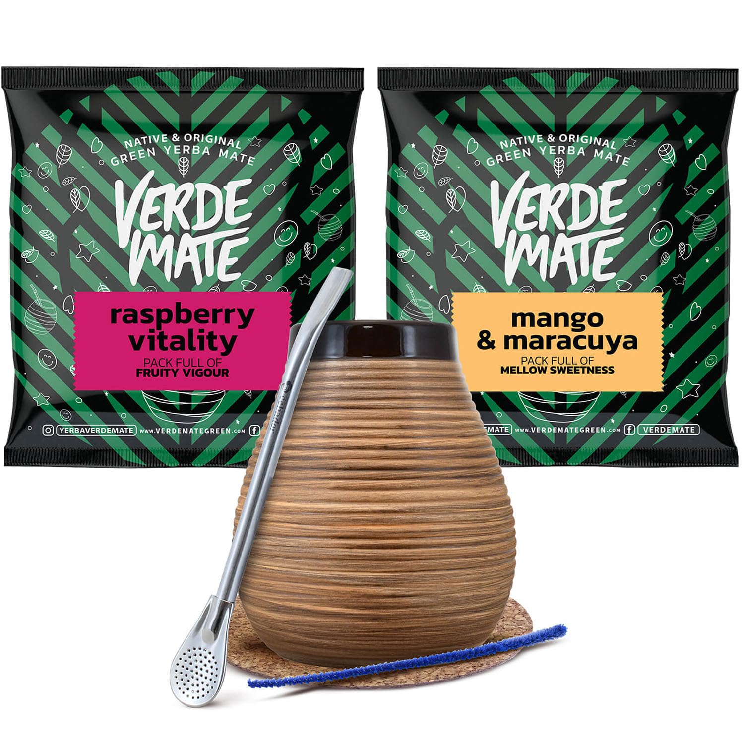 Set of yerba mate accessories with samples | Verde Mate Raspberry Vitality and Mango & Maracuya | Calabash, bombilla and accessories | Brazilian yerba mate | Natural caffeine | 2x50g