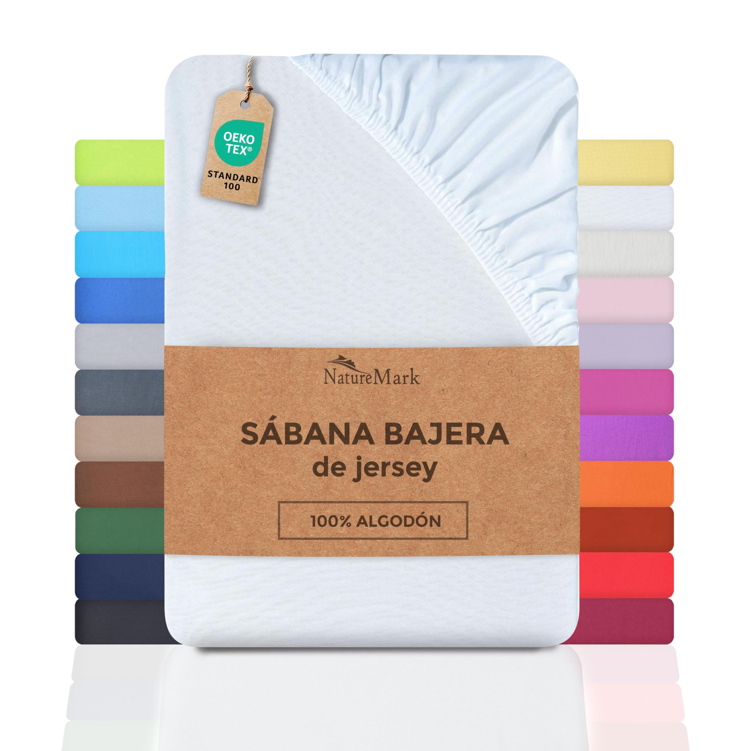 NatureMark Sábana Bajera Ajustable de Jersey, 100% algodón en Muchos tamaños y Colores, 180 x 200 cm - 200 x 200 cm, Blanco