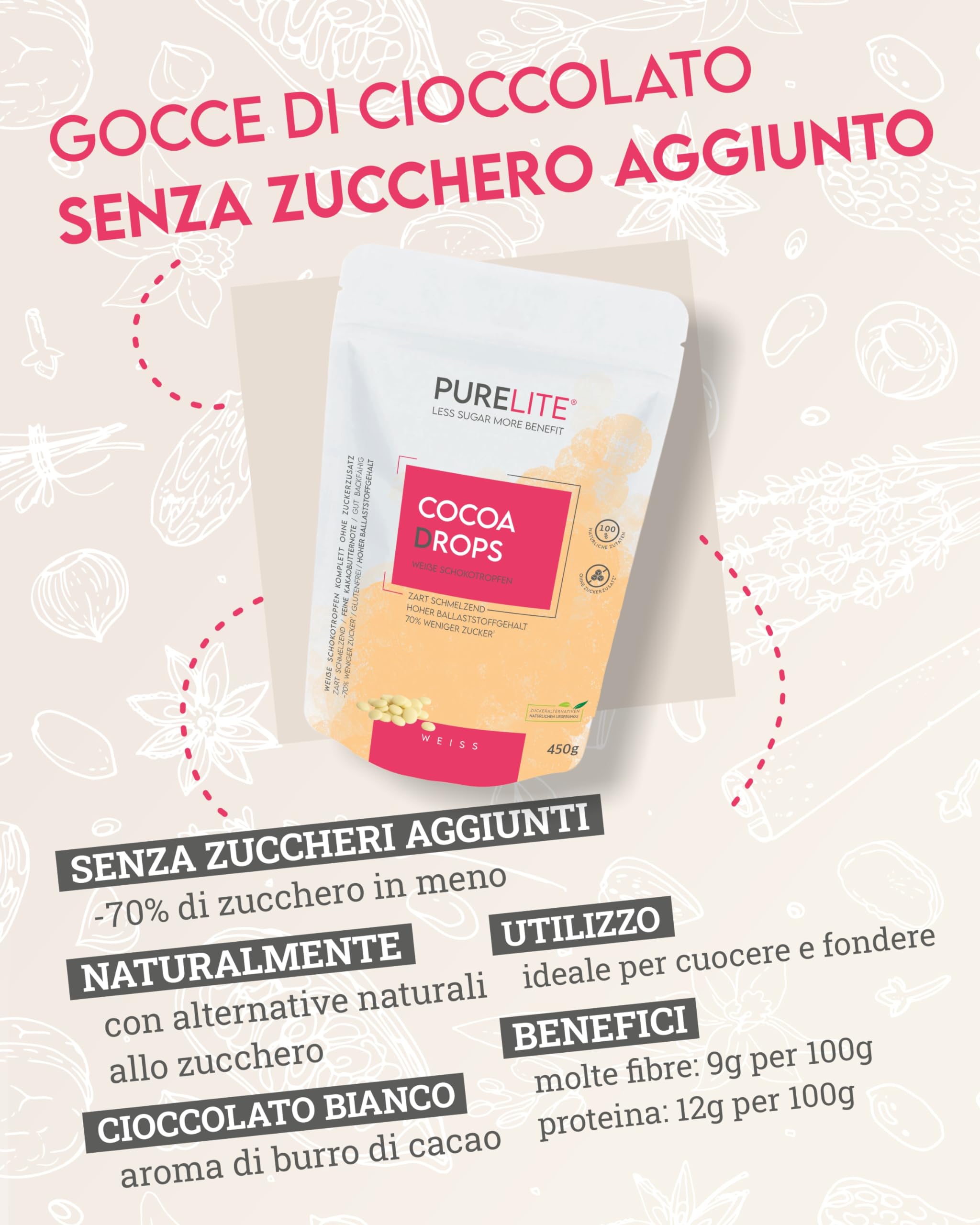 PURELITE Cocoa Drops bianco 450g, gocce di cioccolato bianco senza zuccheri aggiunti con eritritolo e stevia senza retrogusto, con il 70% di calorie in meno