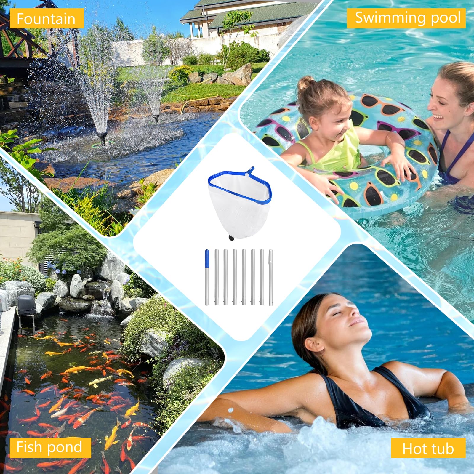 Recogedor para Piscina, Red de Limpieza con Mango Ajustable 2,7m Red Doble Capa para Estanque, Red Profunda para Piscina, Acuario, SPA - Tipo B (Marco Azul Aluminio, Red Fina Blanca Profunda)