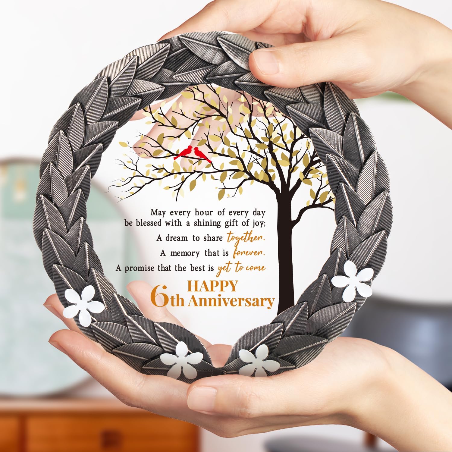 6th Anniversary Wedding Gifts Crystal Plate with Iron Leaf Wreath – 6 Years Iron Ideas for Couple or Parents – Cardinal Style