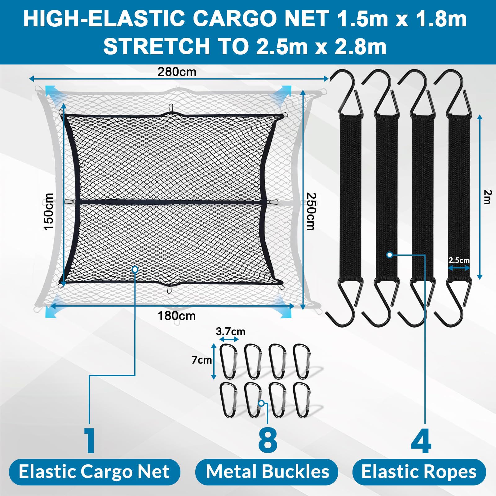 Red de Carga Altamente Elástica, 1,5 X 1,8 m, Extensible hasta 2,5 X 2,9 m (Una Capa), con 8 mosquetones de Acero + 4 Correas 2 m Sujeción, Red Carga para Camión, Cargas Ligeras Diarias Camion