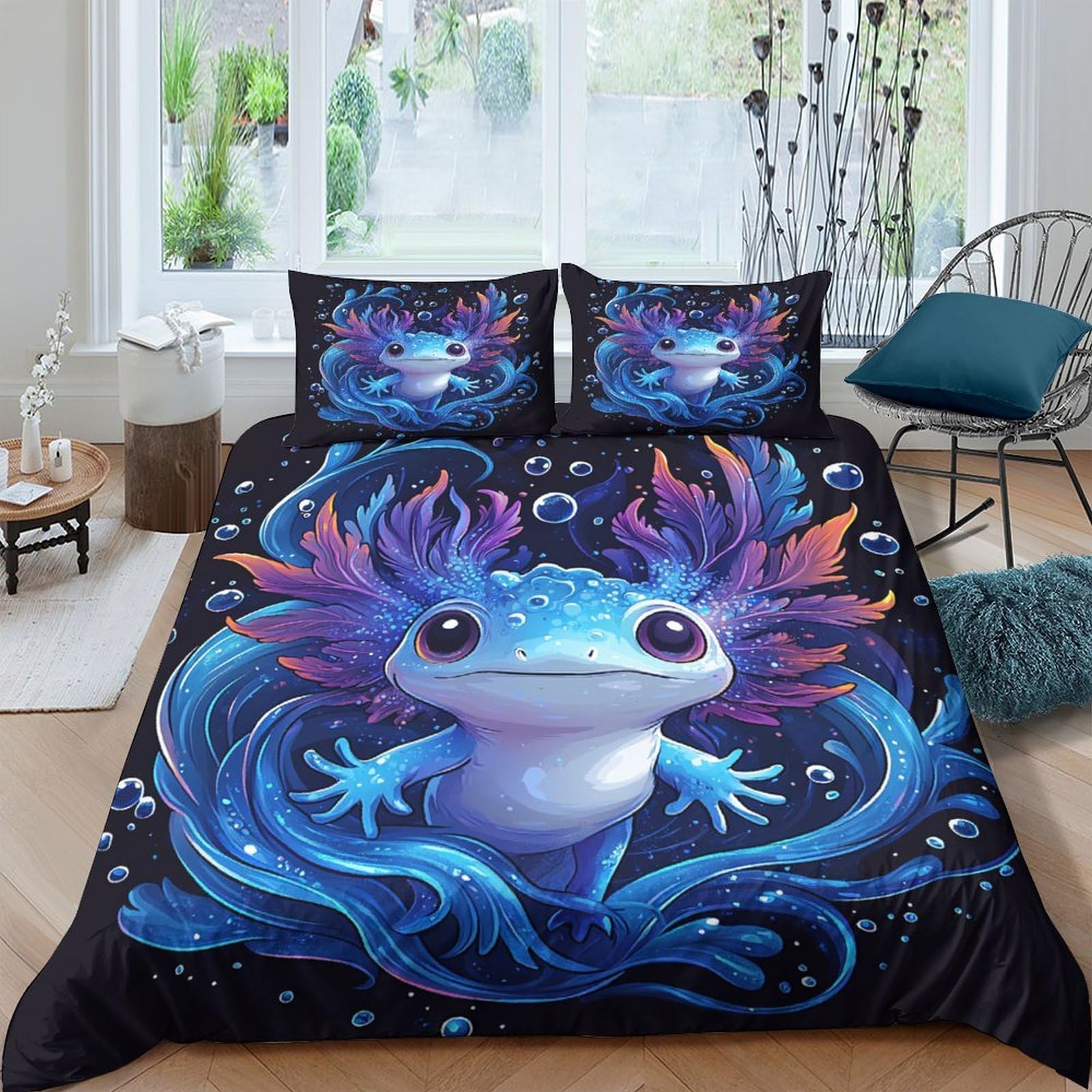 GPLZQXKJNH 3D Printed Fantasy Axolotl Duvet Cover Set Microfiber Soft Breathable Blue Creature Bedding Set with 2 Pillowcases for Bedroom Decor Single（135x200cm）