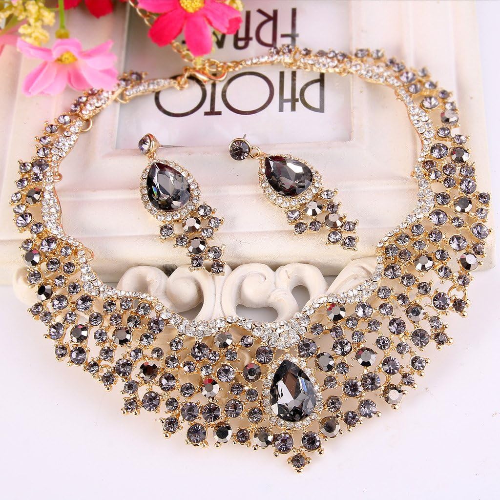 EVER FAITH Austrian Crystal Flower Cluster Teardrop Wedding Prom Statement Necklace Earrings Set for Women Bride - Image 3
