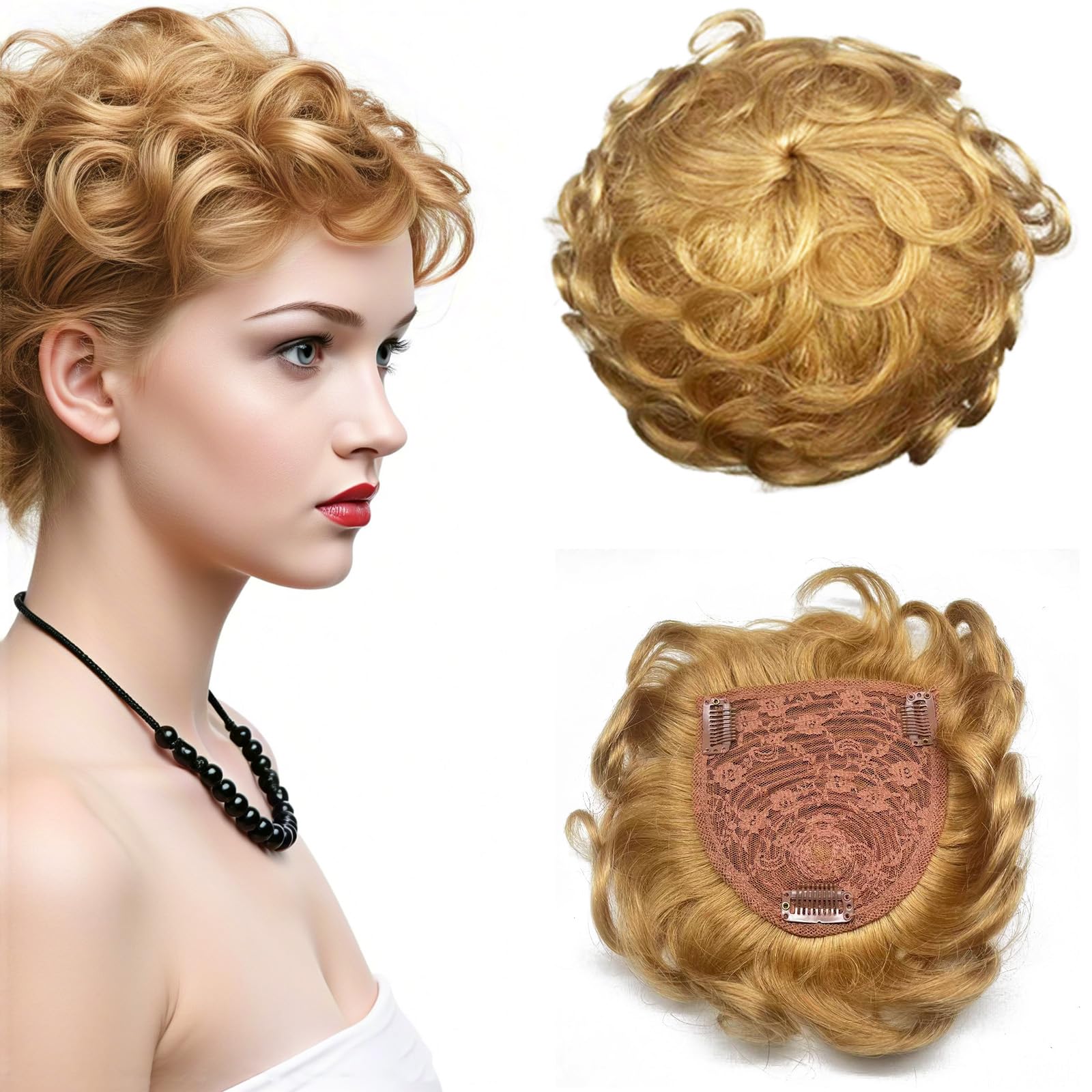 EREEHAIR Treski w 100% z ludzkich włosów z grzywką dla kobiet, 15 cm, krótkie, kręcone, tupecik, klips, falowane, kręcone, treska, duża podstawa, 13 x 14 cm, pełne pokrycie 360°, nr blond