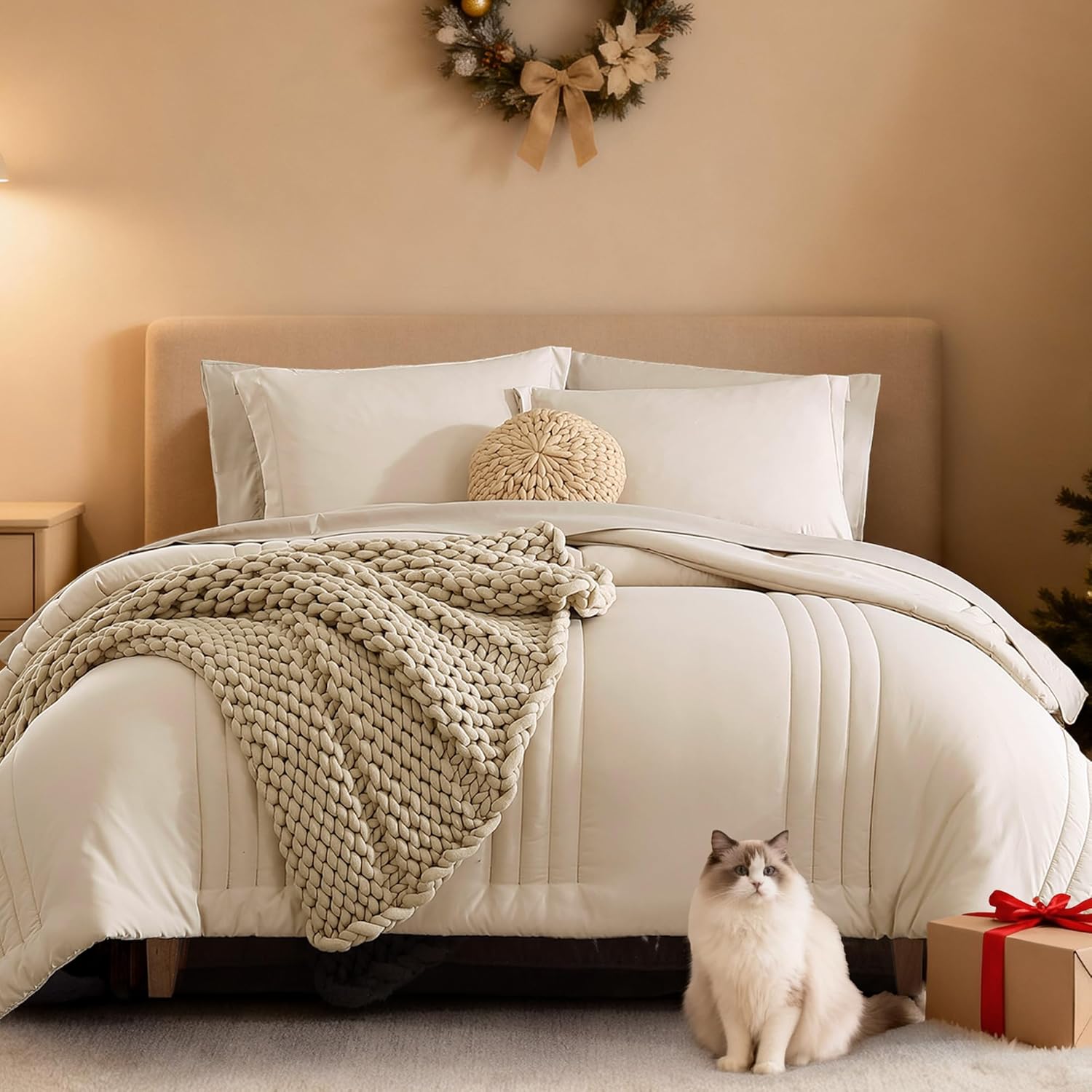 Monbix Queen Comforter Set - 7 Pieces Beige Bed in a Bag Queen Bedding Sets with Comforters All