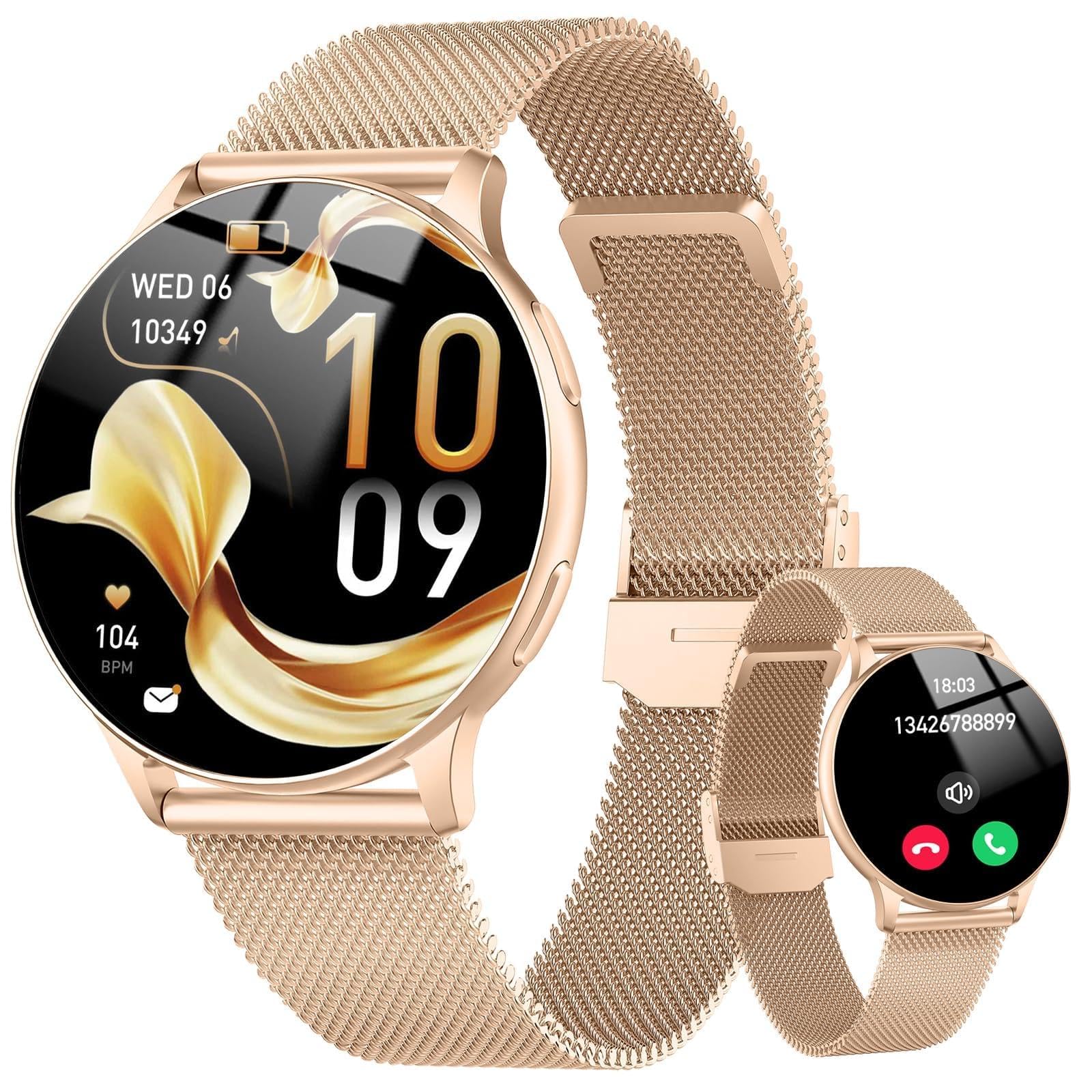 Smartwatch Damen mit Telefonfunktion, 1.32" AMOLED Smart Watch, Herzfrequenz SpO2 Schlafmonitor Schrittzähler Uhr Damen, 120+Sportmodi Fitness Tracker,IP68 Wasserdicht Fitnessuhr iOS Android Rose Gold