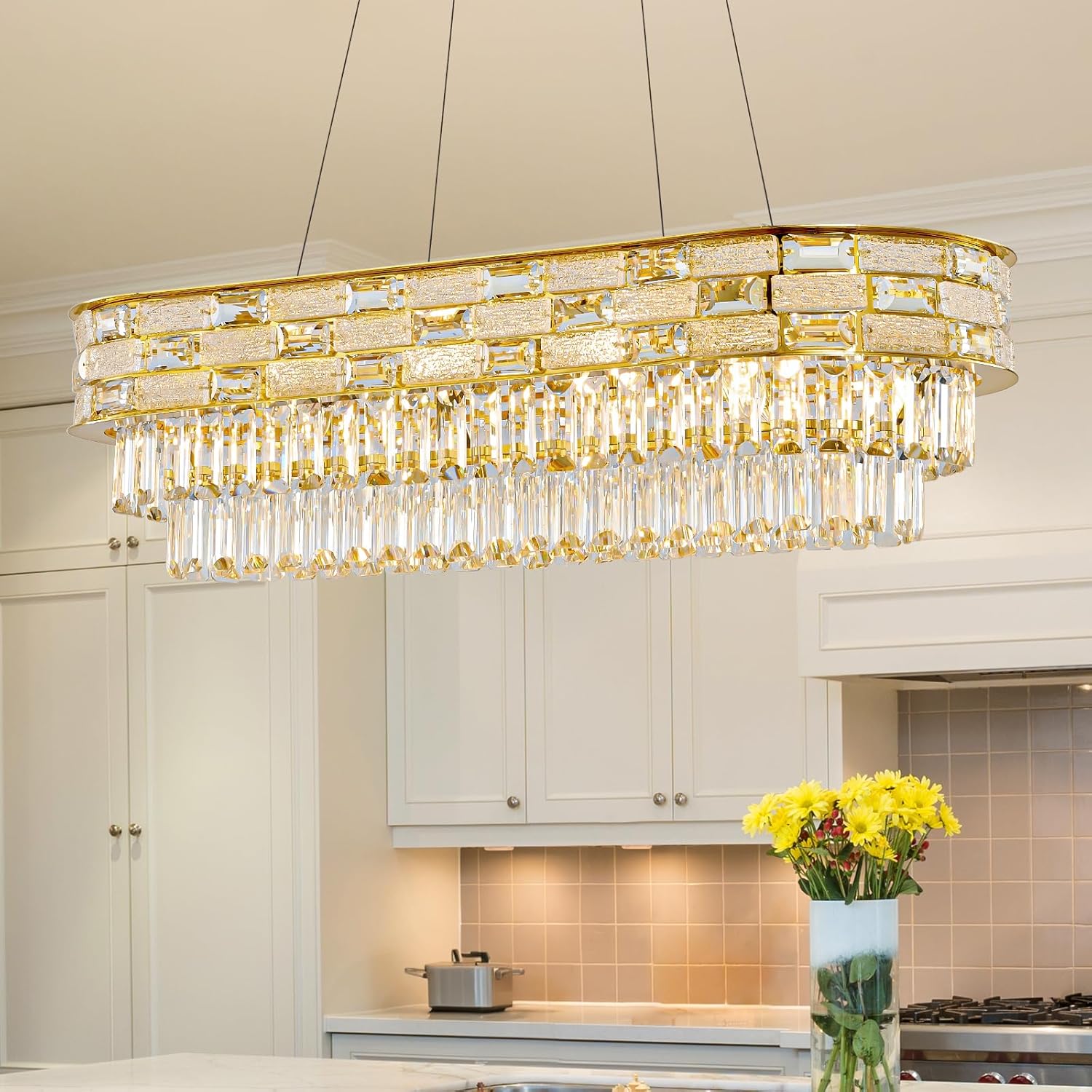 Large Oval K9 Crystal Chandelier - Luxury Modern 3 Tier Linear Crystals Chandeliers - 15 Lights Brushed Gold Pendant Light Fixture for Dining Room Kitchen Island Entryway Bar Living Room - L34.3 Inch