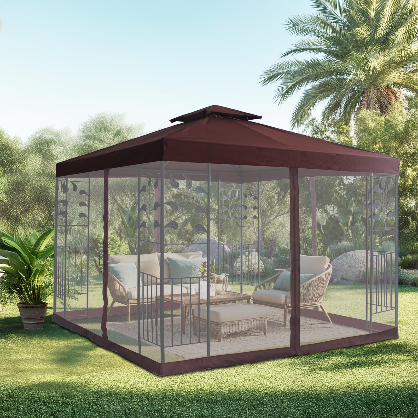 Green Bay Pavilion Gazebo Side Net Marquee Fly Screen Gathering Mosquito Netting Washable Removable Coffee(Side Net Only)