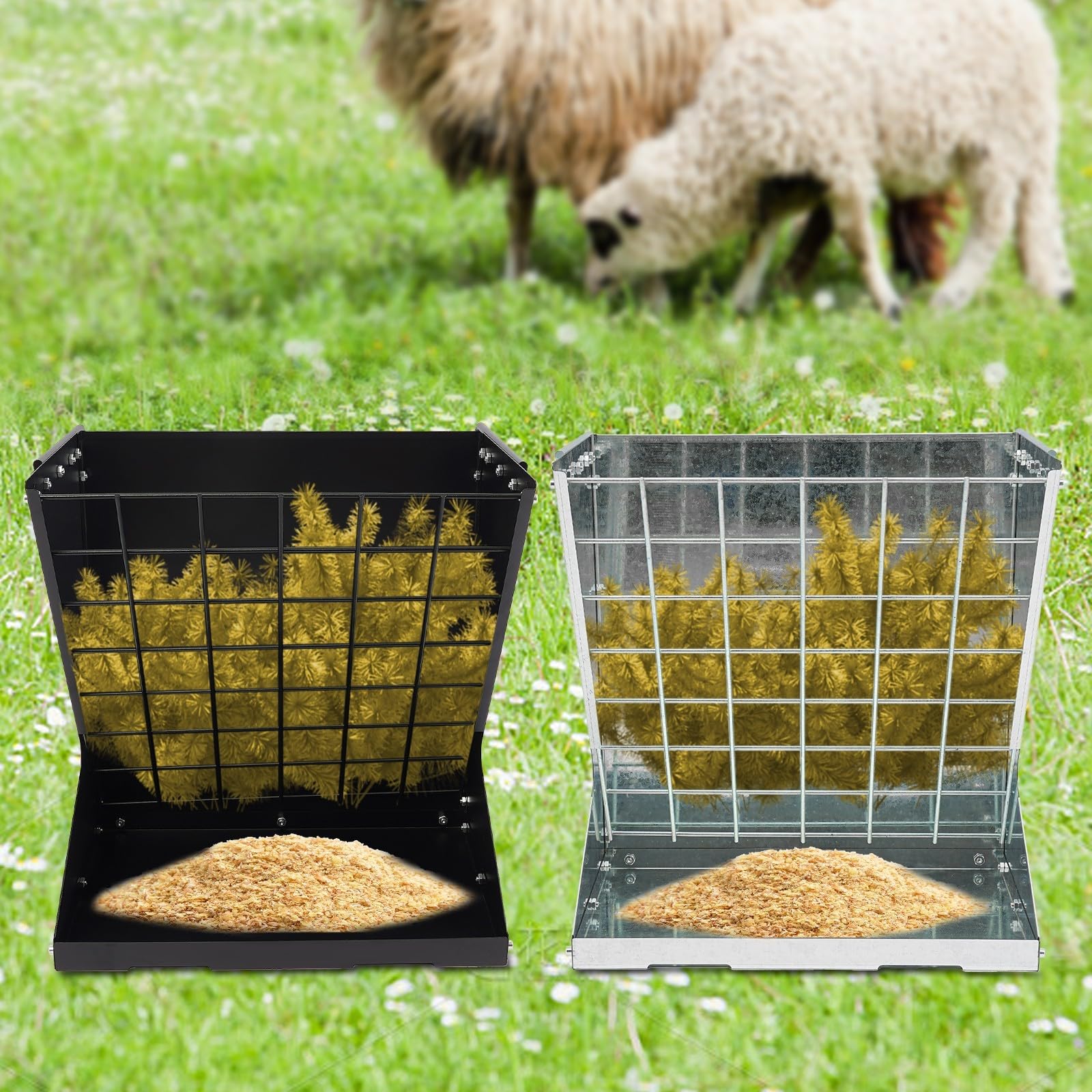 Râtelier à foin 2 en 1 - Mangeoire pour chèvres et moutons - En acier - 2 en 1 - Charge maximale : 30 kg - Longueur : 56,6 cm - Forme rectangulaire - Montage mural au sol (argenté, A)
