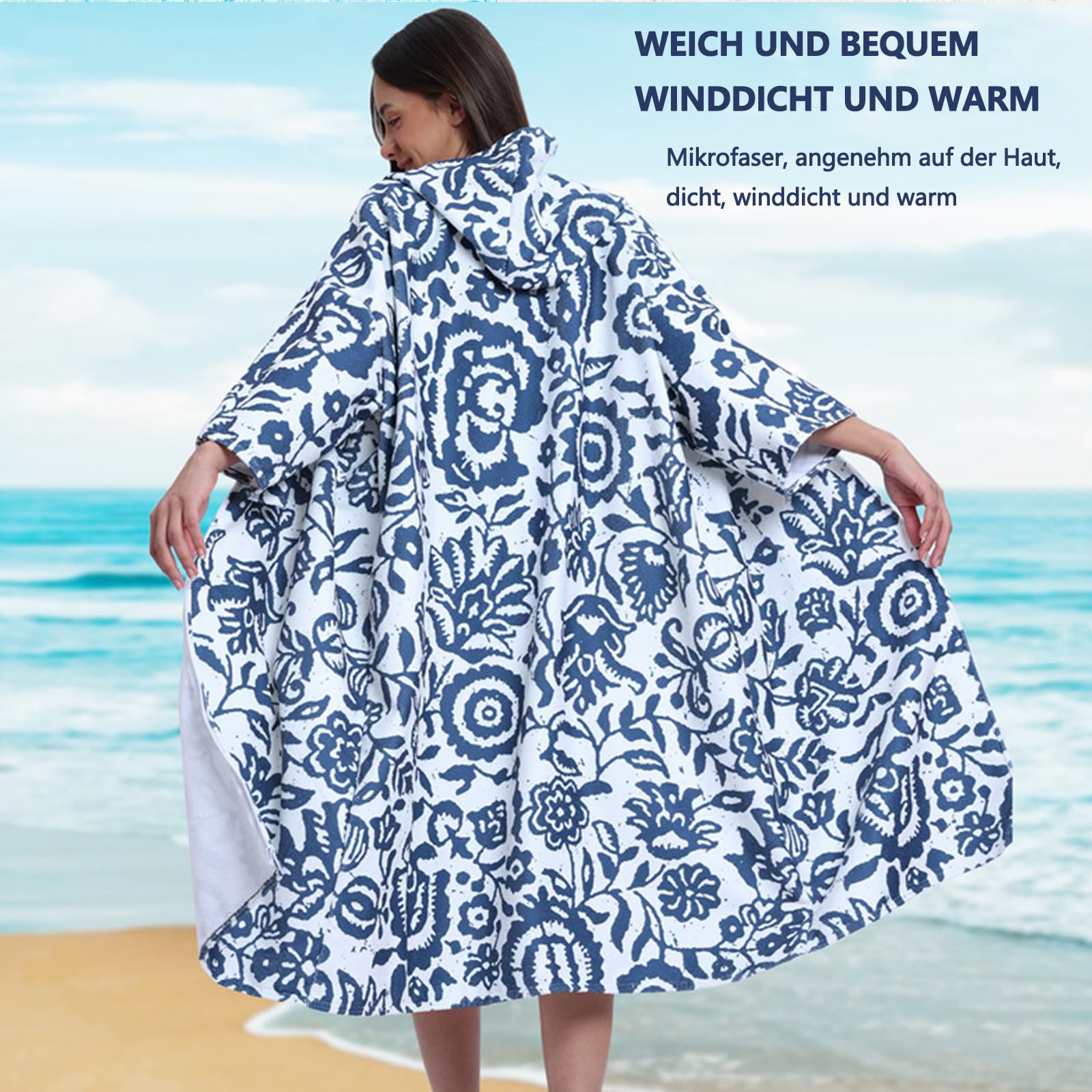 Surf Poncho Umziehhilfe Strand für Damen Herren Erwachsene Jugendliche,Badeponcho Handtuch Poncho aus Mikrofaser, Ultraleicht und Schnelltrocknend auch als Umkleidehilfe Strand (Blau)