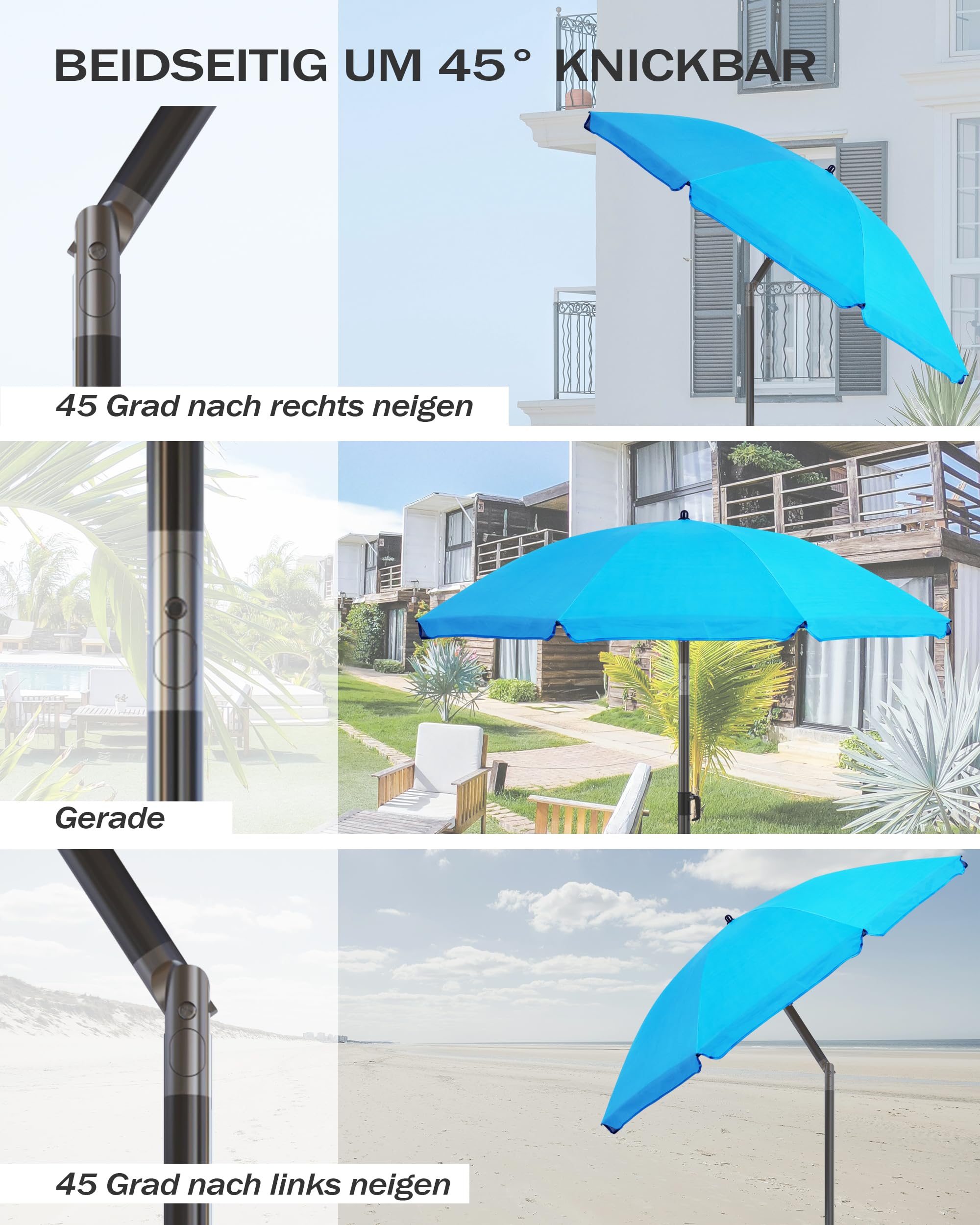 Menz Sonnenschirm Strand 180 cm + Sonnenschirmhülle - UV50+ Strandschirm, Balkonschirm mit Knickfunktion, Gartenschirm, Sonnenschirm Balkon - Fb. Blau