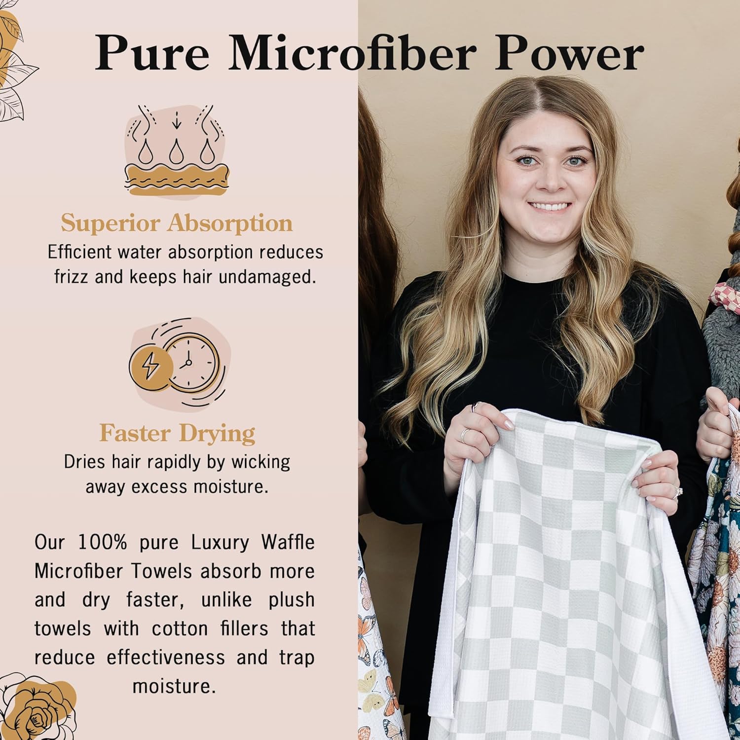 Microfiber Hair Towel Wrap for Women – Quick Dry Anti-Frizz Hair Drying Towel for Long, Curly & Thick Hair – Ultra-Soft Absorbent Hair Turban with Large Loop Closure – Greige Checkered - Image 6