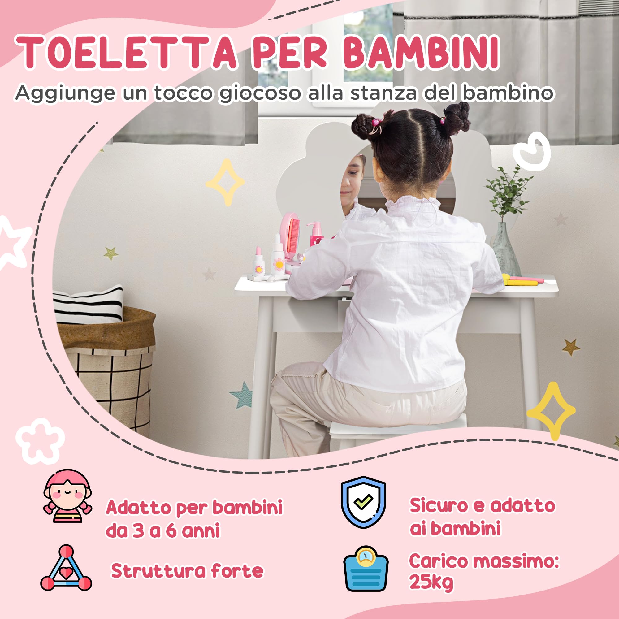 AIYAPLAY Set da Trucco per Bambine 3-6 Anni con Sgabello da Trucco, Tavolo Toeletta con Specchio a Nuvola e Cassetto Portaoggetti in Legno, Bianco