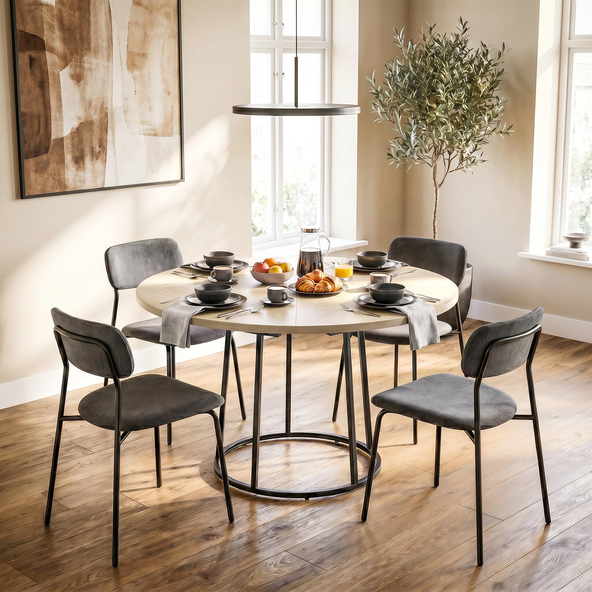 HOMCOM Mesa de Comedor Redonda para 4-6 Personas, 120 cm, Estilo Industrial Moderno, Tablero Empalmado y Base metálica cónica, Madera Natural