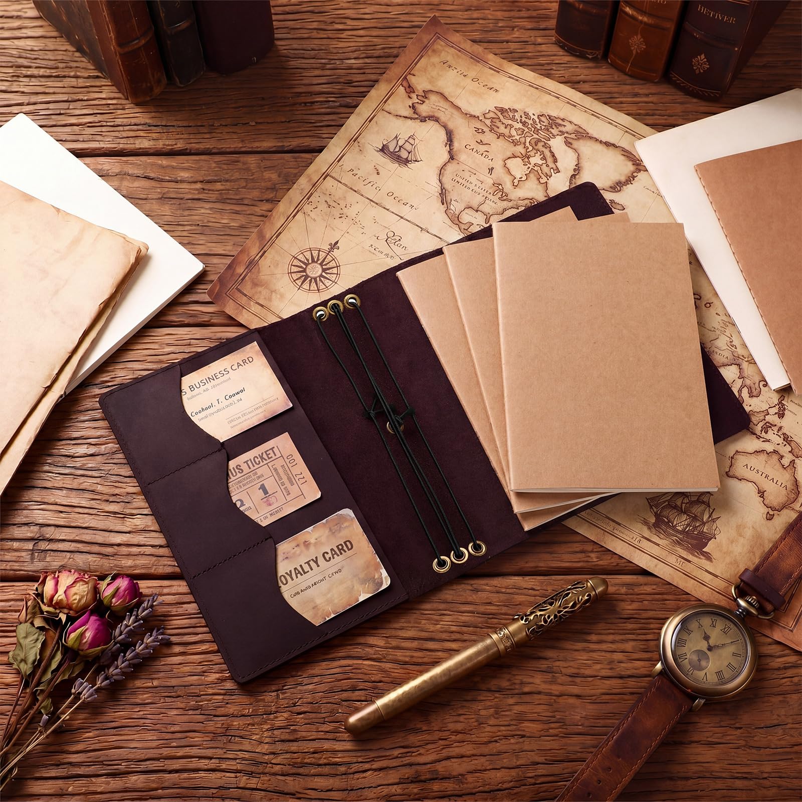 Sabary Juego de 4 fundas para cuaderno de viajeros, 3 cuadernos A5 de piel auténtica, rellenables, A5, con bolsillos interiores, ranuras para tarjetas, soporte para bolígrafos para notas de viñetas