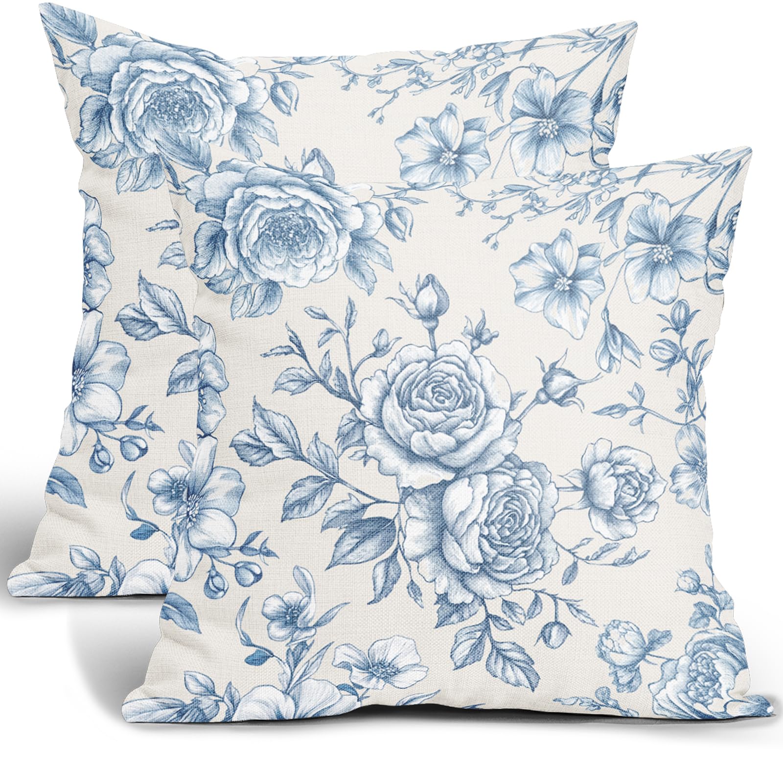 Baby Blue and White Floral Throw Pillow Covers Chinoiserie Cushion Case 18 x 18 Inch Flowers Pillow Cover Decorative Vintage Cotton Linen Square