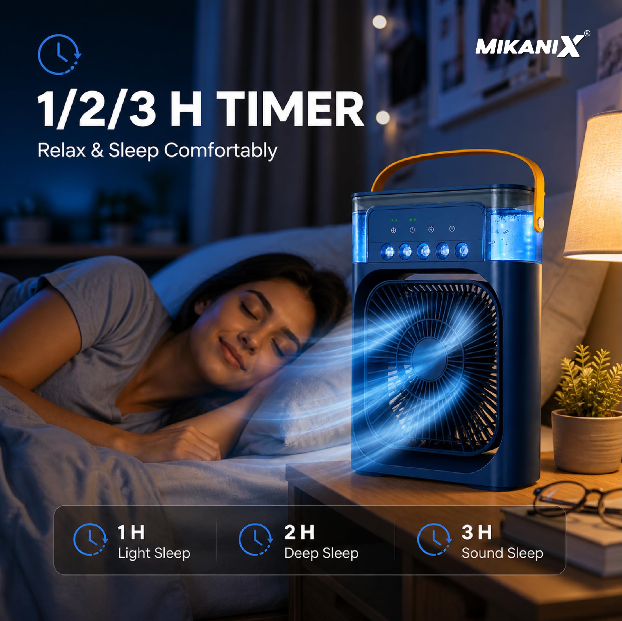MIKANIX Mini Cooler Fan with Water Spray & LED Light | Portable Personal Air Conditioner with 1/2/3H Timer for Bedroom, Office & Kitchen (Blue) 2