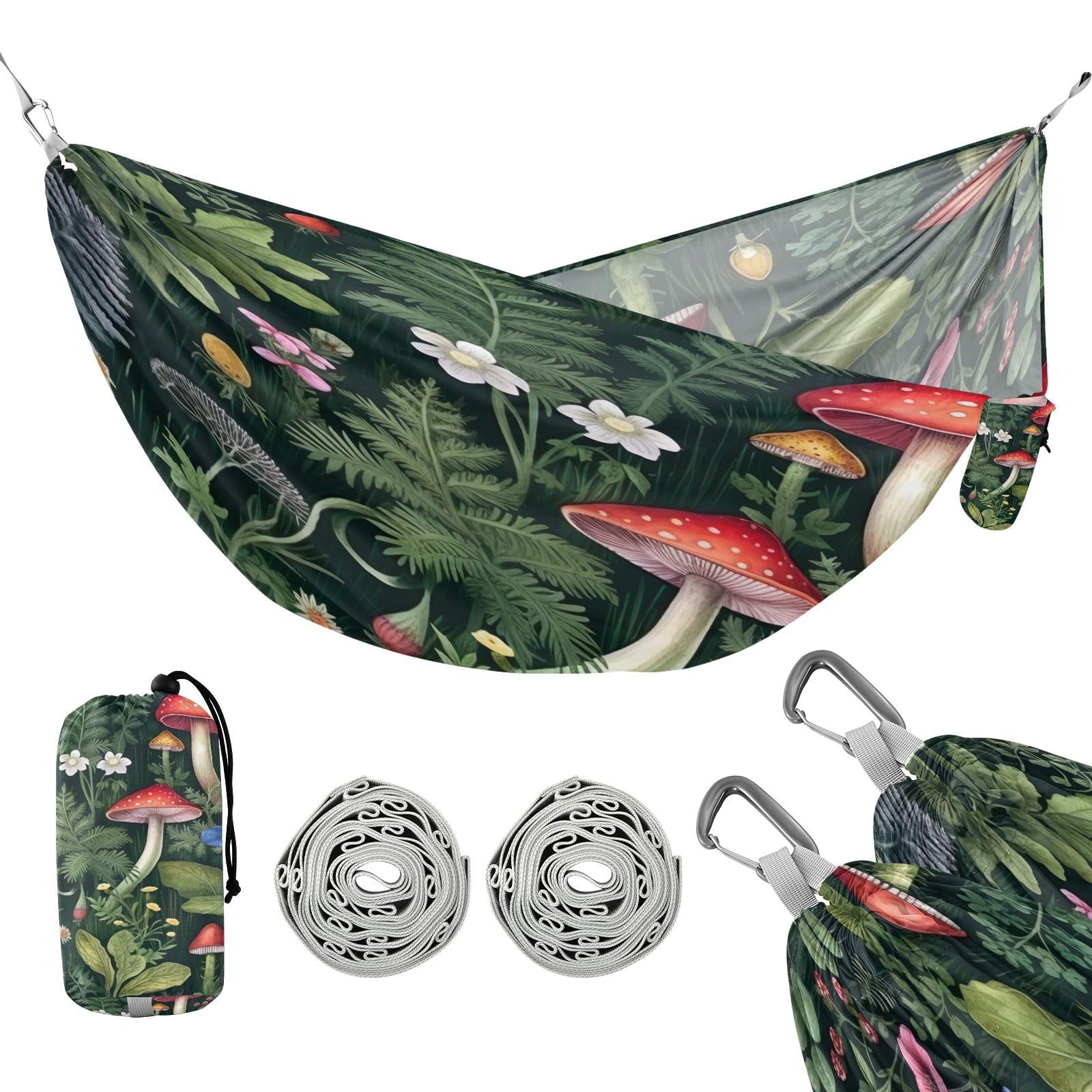 ATTX Wildflowers Mushrooms Camping Hammock - Lightweight & Portable Hammocks, Heavy Duty 330lbs Capacity for Indoor, Hiking, Backpacking, Travel, Backyard, Beach#322