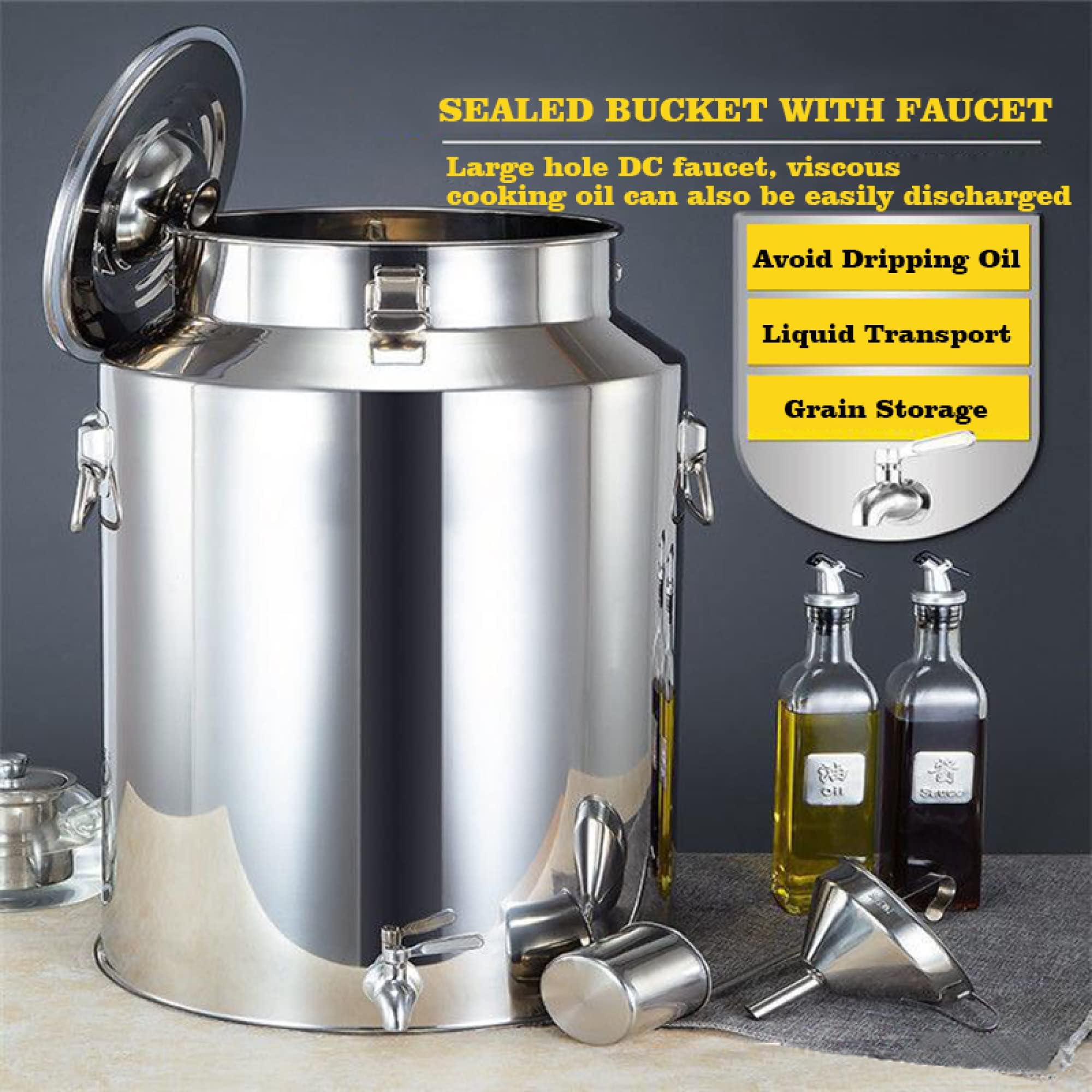 Lata de leche de acero inoxidable 5L/9L/14L Cubo de vino Cubo de mano Jarra Tanque de barril de aceite con tapa sellada y lata de leche con grifo / 14L