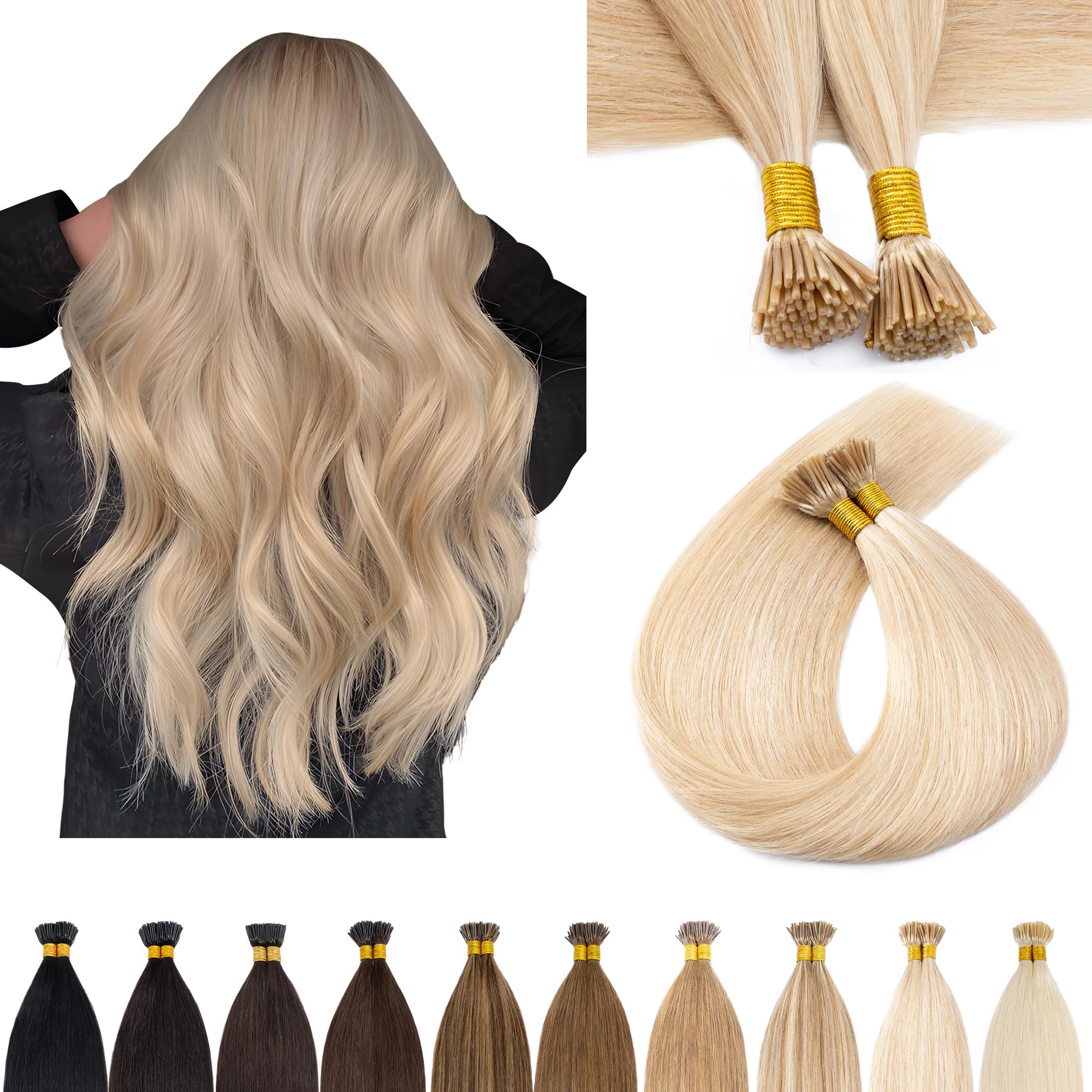 SEGO I Tip Hair Extensions Human Hair Keratin Pre Bonded MicroBeads Tip Balayage Natural Silky Straight Extensions 100 Strands 50g/Pack /16 Inch Ash