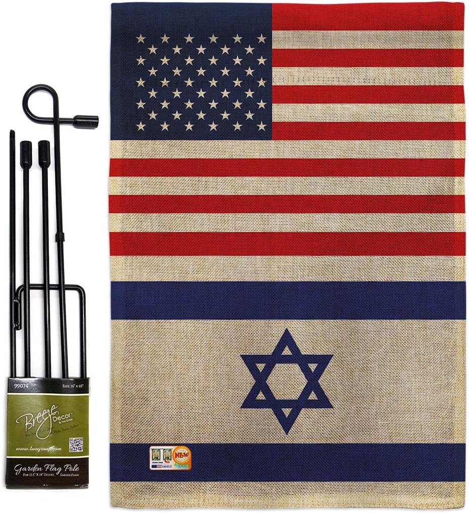 Israeli American Flag Bandera de Israel Burlap Flag Pole Set Home Banner Lawn Yard Sign Room Post Gravesite Stand Cemetery Outdoor Tapestry Grandma Gifts Grave Decor Jewish Decorations Made in USA