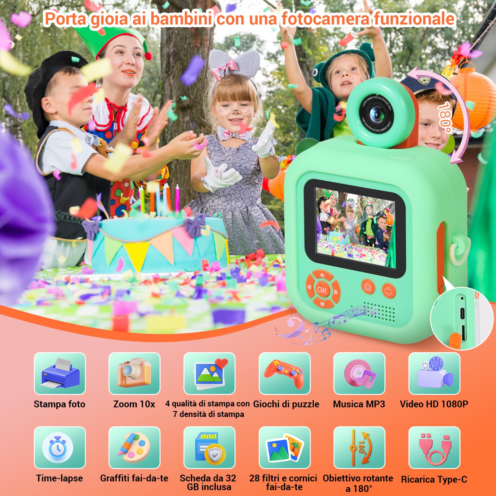 Macchina Fotografica Bambini Istantanea, ZUEOKAI 2,4" Fotocamera Istantanea Bambini con 180° Flip Obiettivo e 3 Stampa Carta, 32GB, Fotocamera con Silicone Custodia, Regalo Bambina Bambino 3-10