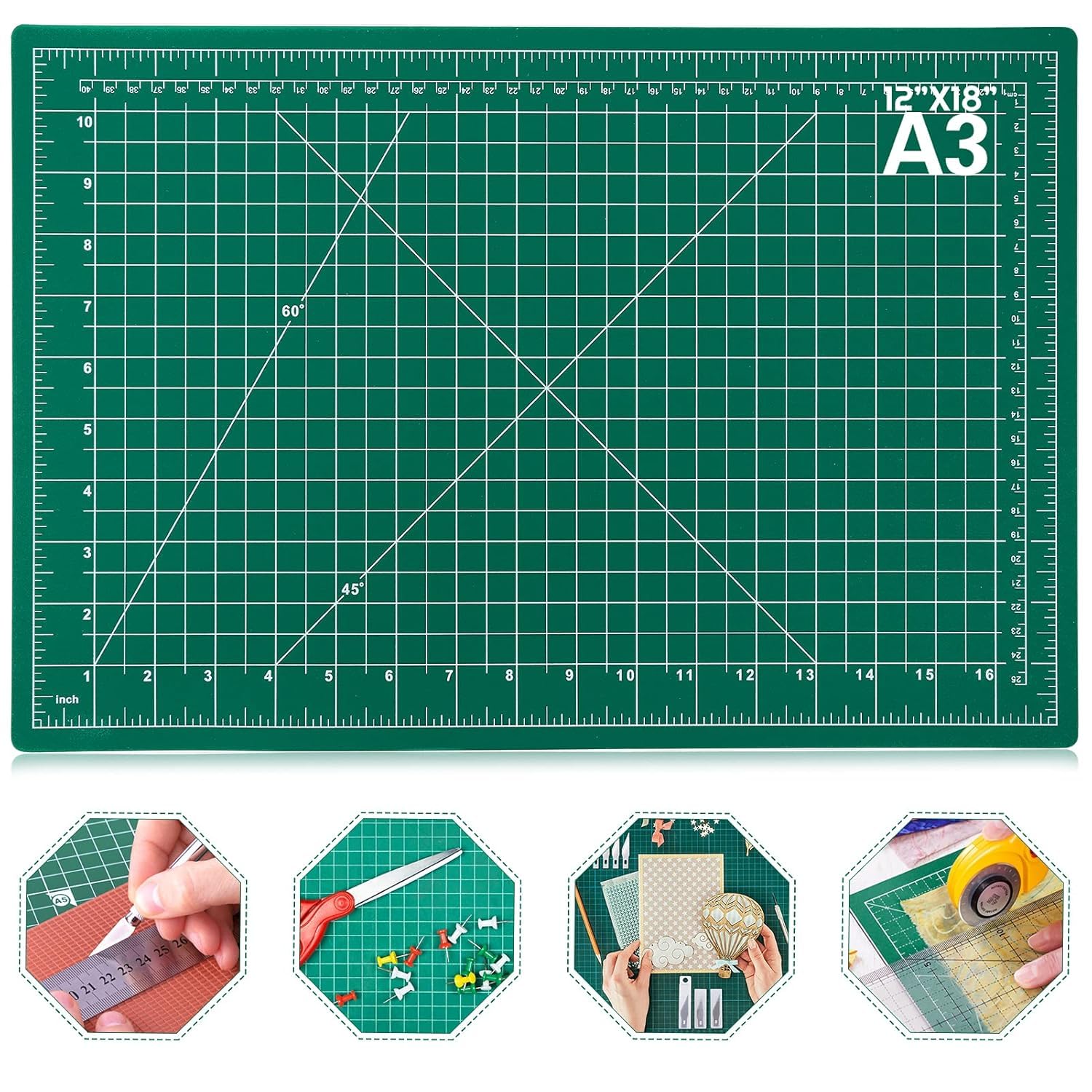 Rubber Professional Cutting Mat A3 Self-Healing 5 Layers Double Sided Durable Non-Slip PVC 18" X 12" Inch (Green)