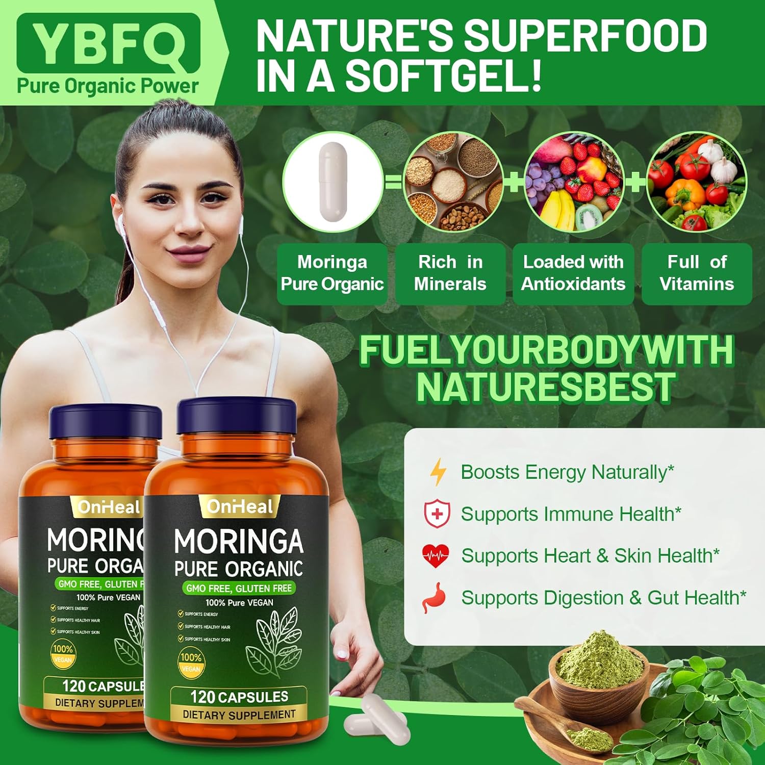 Organic Moringa Capsules 1000 mg, 120 Count - Moringa Capsules with Organic Olefeira Powder, Supports Healthy Hair and Skin, Energy and Balance - Vegan, Non-GMO Daily Health Supplement - Image 2