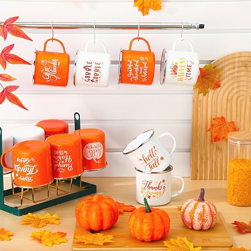 Miniatura 2 de 12 tazas de café de otoño de Acción de Gracias, taza esmaltada de calabaza, taza de otoño con texto en inglés "Hello Fall Give Though", letrero de