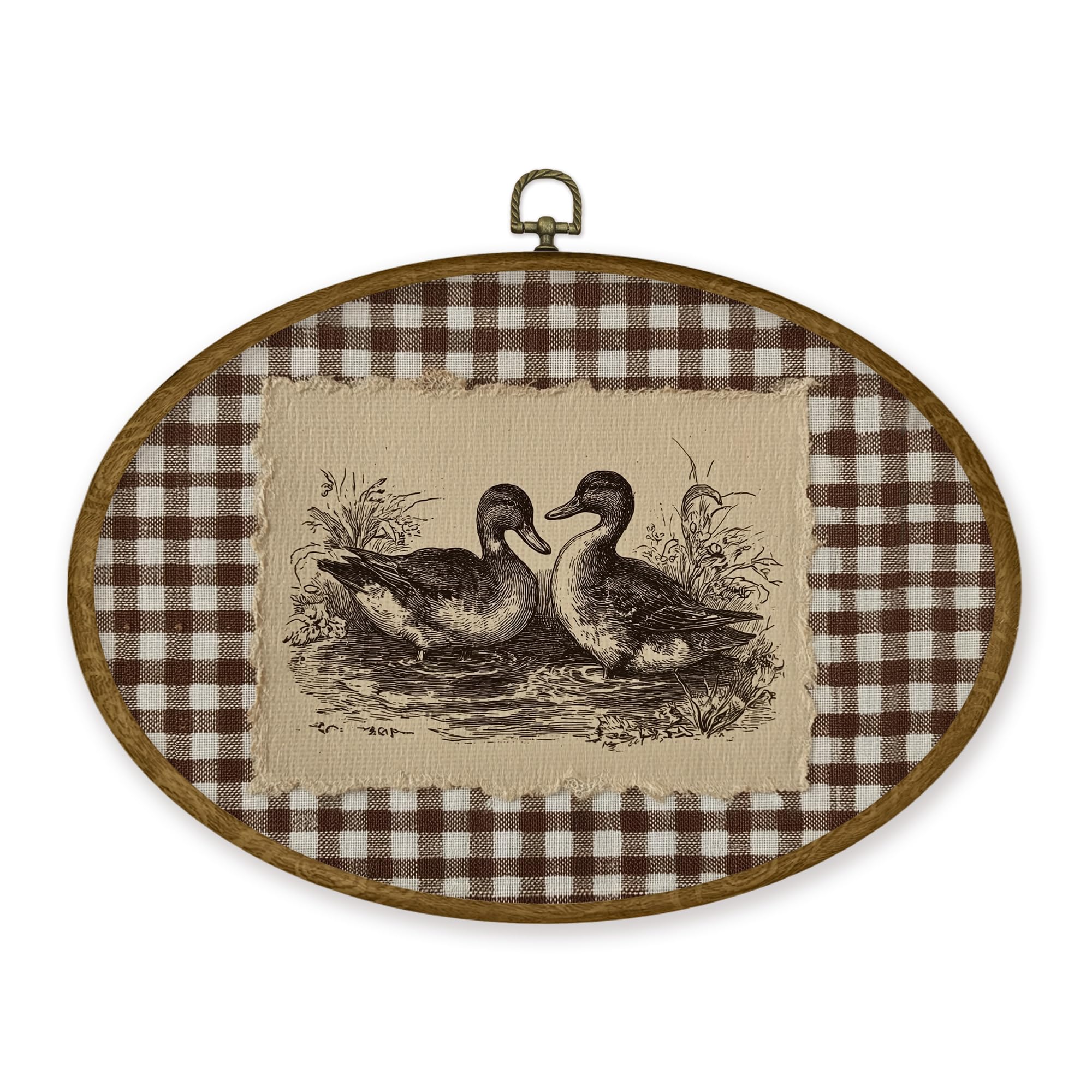 Photo 1 of JMENGSSFL Vintage Duck Oval Wall Art Decor, Rustic Farmhouse Canvas Prints, Duck Gifts, Brown Gingham Plaid Countryside Farm Animals Framed Wall Art for Home Bedroom Living Room Decor, 11.4x8.6 Inch