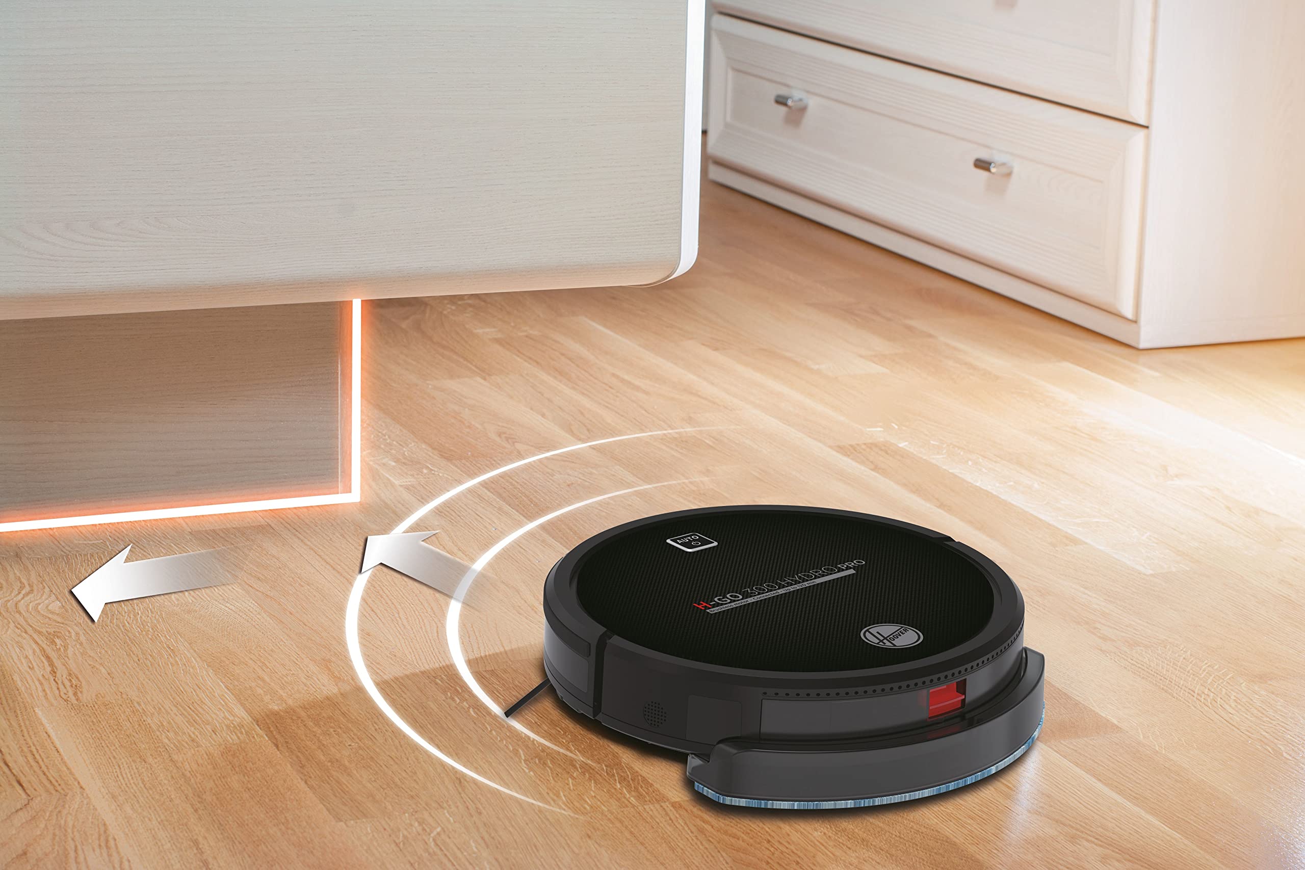 Hoover H-GO 300 - Hydro Pro - HGO330HC Robot Aspirador, Aspira, Barre, friega y Pasa la mopa, 2 depósitos, Wi-Fi, conexión Alexa, 120mins, Mando y Base de Carga, Sensor anticaída y antichoque, Negro